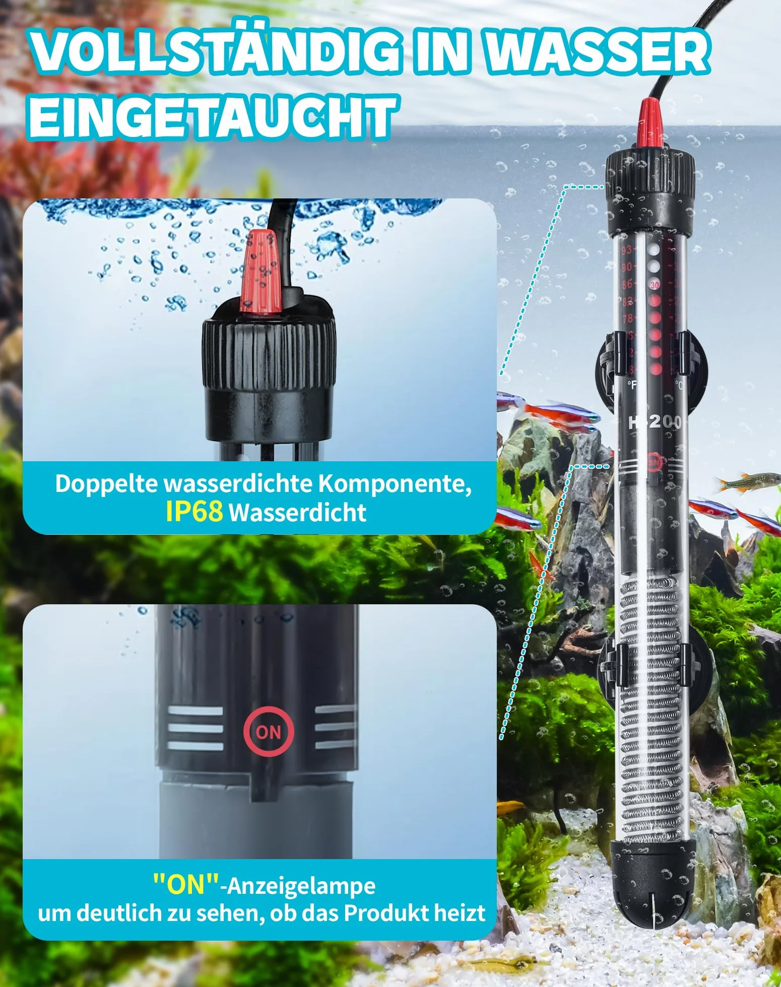 Grzejnik do akwarium, 100 W, do akwariów 60-120 l, grzałka z przyciskiem regulacji temperatury 20-34°C, pogrubione szkło kwarcowe + przyssawki
