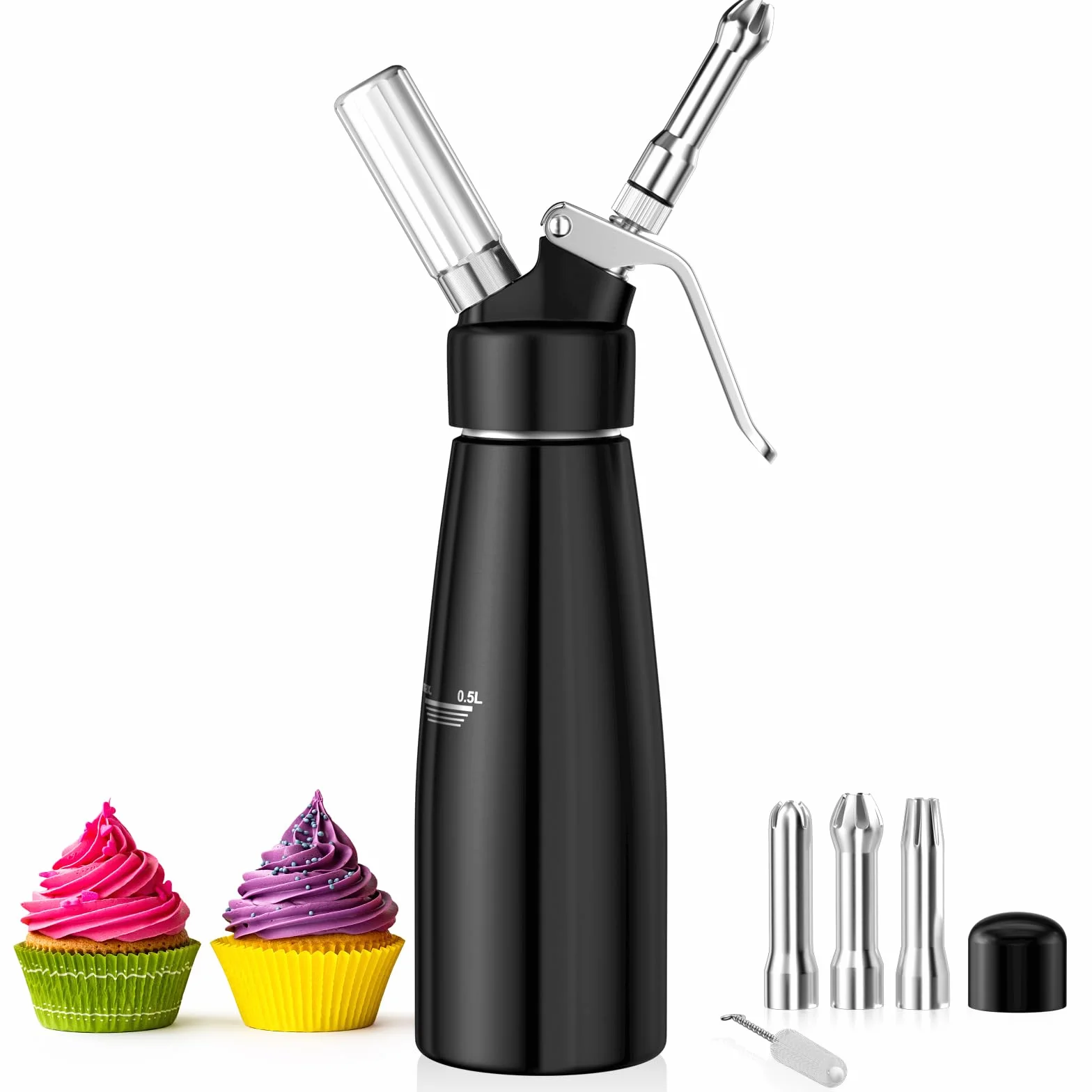 Newaner Syfon do bitej śmietany 500 ml, z aluminium, z 3 końcówkami ze stali nierdzewnej, 1 szczotka do czyszczenia, do dekoracji tortów urodzinowych, ciast, lodów i deserów