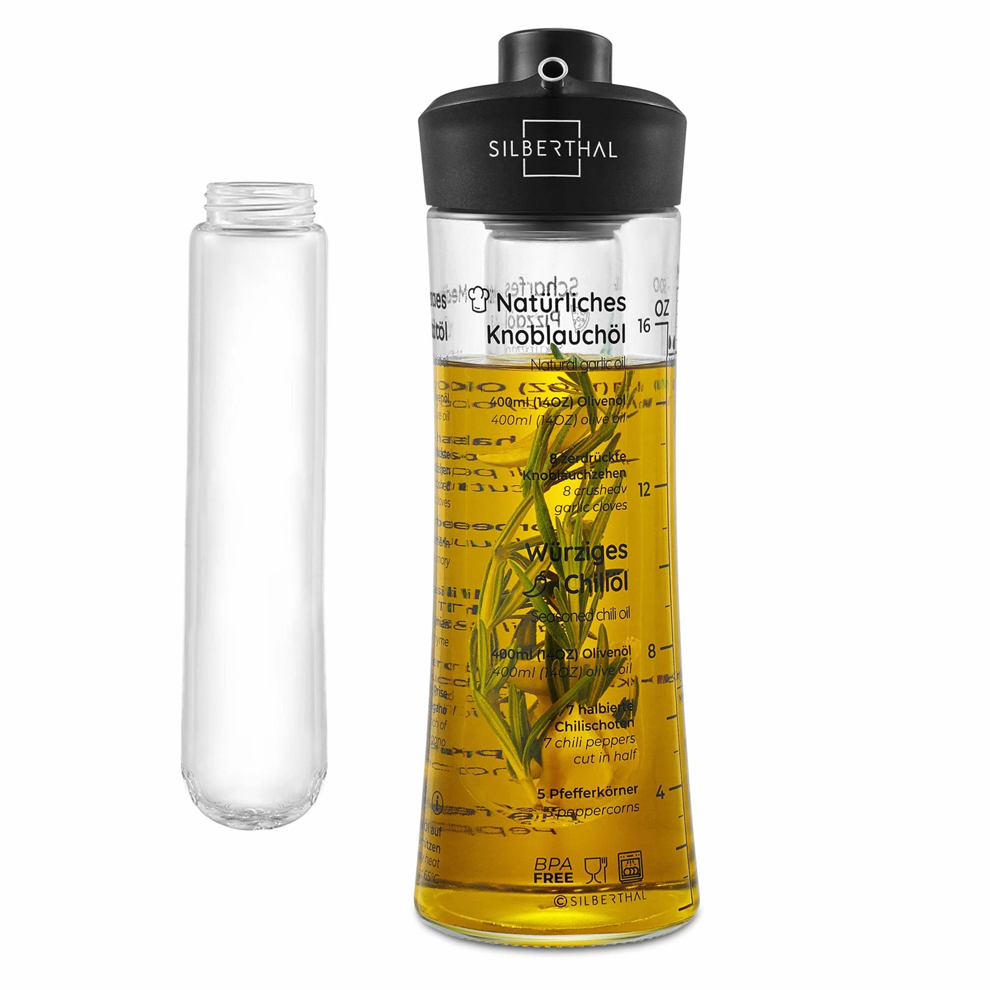 SILBERTHAL Szklana butelka do oleju, do wlewania, kropienia, z pojemnikiem na zioła, stwórz własny aromatyczny olej np. olej chili, z przepisami, idealna do oliwy, oleju rzepakowego, 500 ml