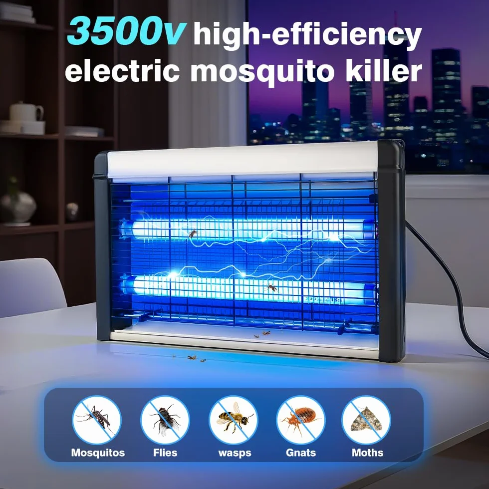 Elektryczna pułapka na owady, moc 3500 V i 20 W, UV, elektryczna pułapka na muchy, lampa na komary z tacą nadającą się do prania i łańcuchem do zawieszania, nadaje się do sypialni, salonu, jadalni