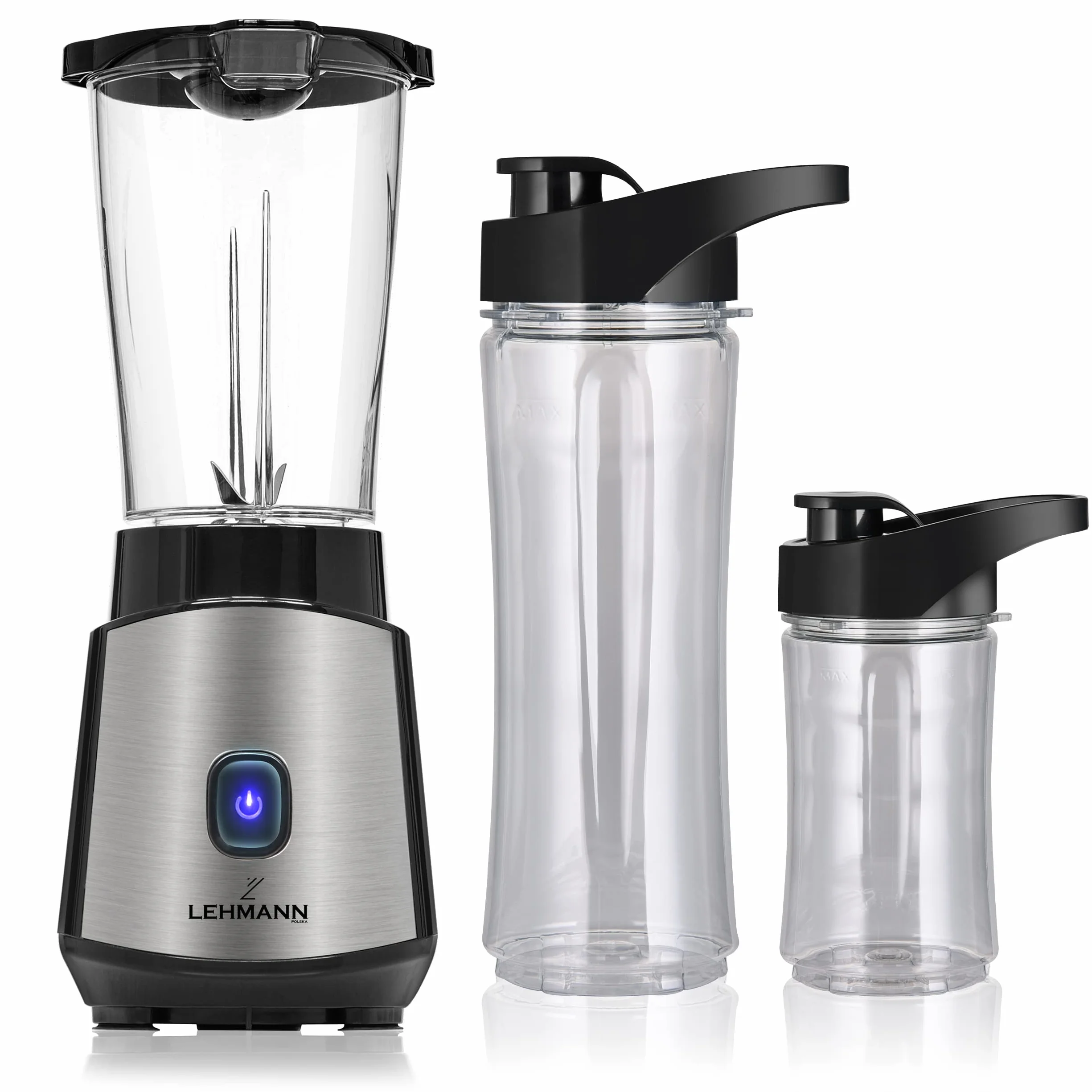 Lehmann Blender kielichowy Smoofit, blender do Smoothie 1200W, kielichowy, tworzywowy,mocny, dwa bidony do koktajli, przenośny, 1000 ml/ 570 ml/ 400 ml, pulsacyjne rozdrabnianie, łatwe czyszczenie