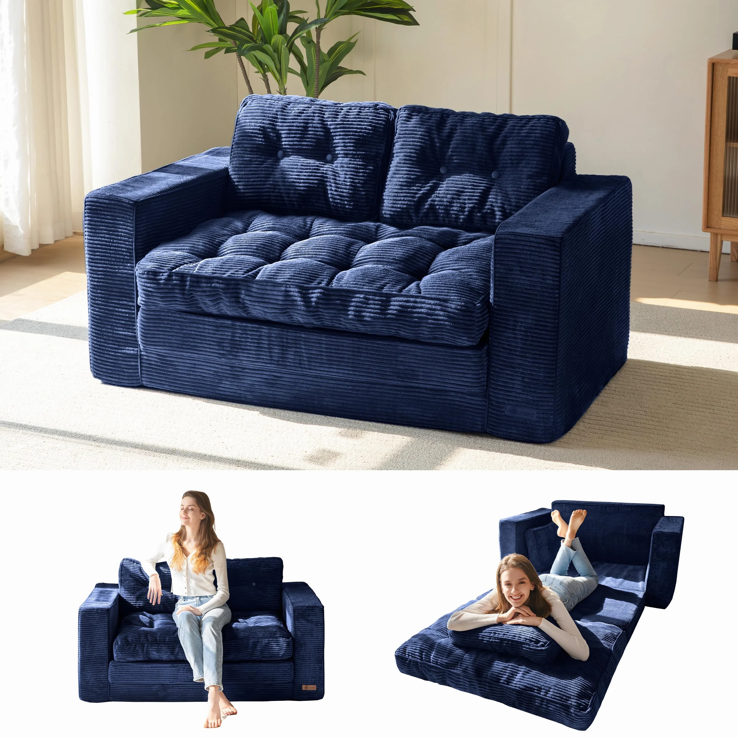 MAXYOYO Sofa rozkładana, sofa Loveseat, rozkładana z 2 poduszkami, 2 w 1, wygodna sofa sztruksowa, 2-osobowa, leżak podłogowy, wysuwana powierzchnia do spania, 101 x 196 cm, cienka pianka 15 cm