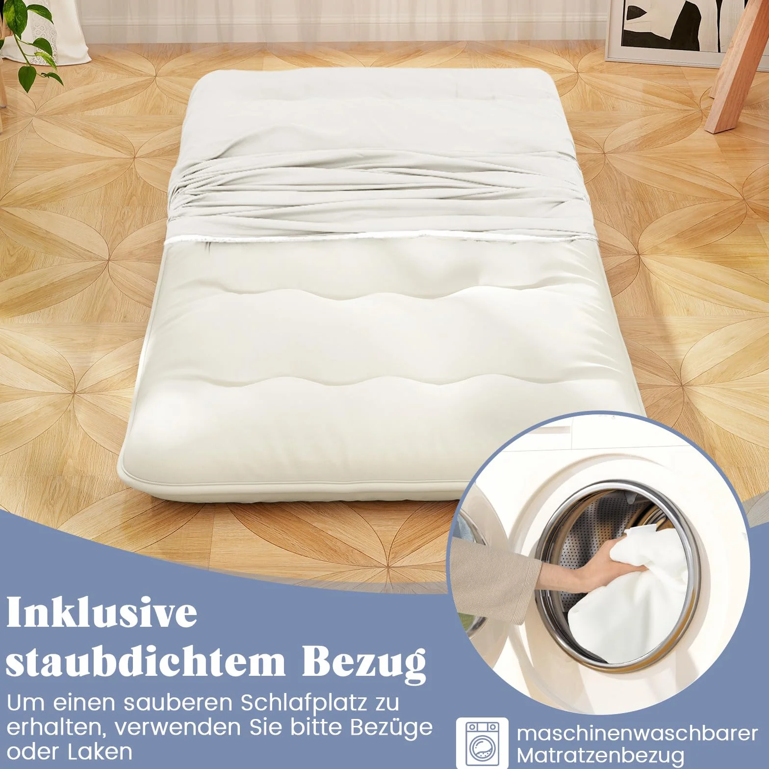 COSTWAY Japoński materac futon, mata tatami, materac podłogowy, składany materac z poszewką nadającą się do prania, składana mata do spania z torbą do noszenia, beżowy, 90 x 200 cm