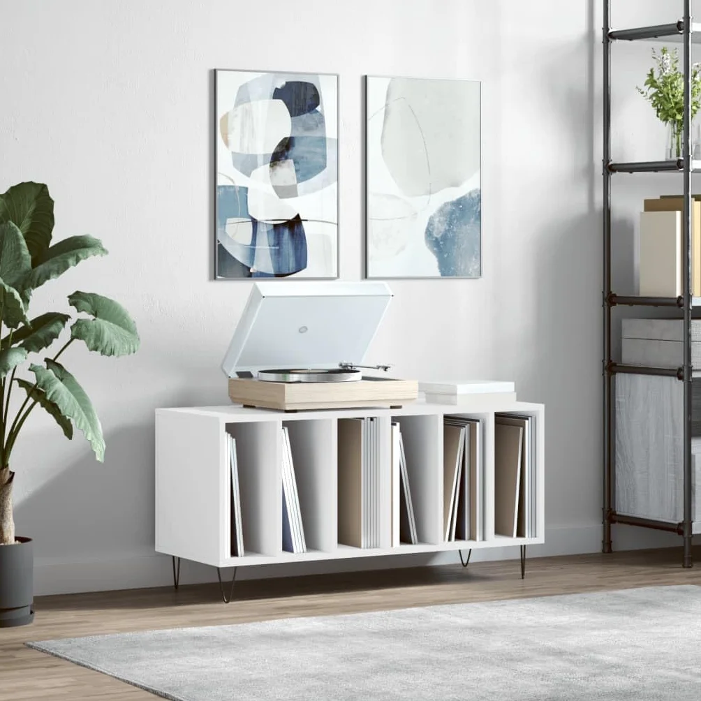 Szafa płytowa, biała, materiał drewnopochodny, 100 x 38 x 48 cm, z żelaznymi nogami, miejsce do przechowywania płyt winylowych, stabilna płyta górna do gramofonu, regału do salonu i organizera