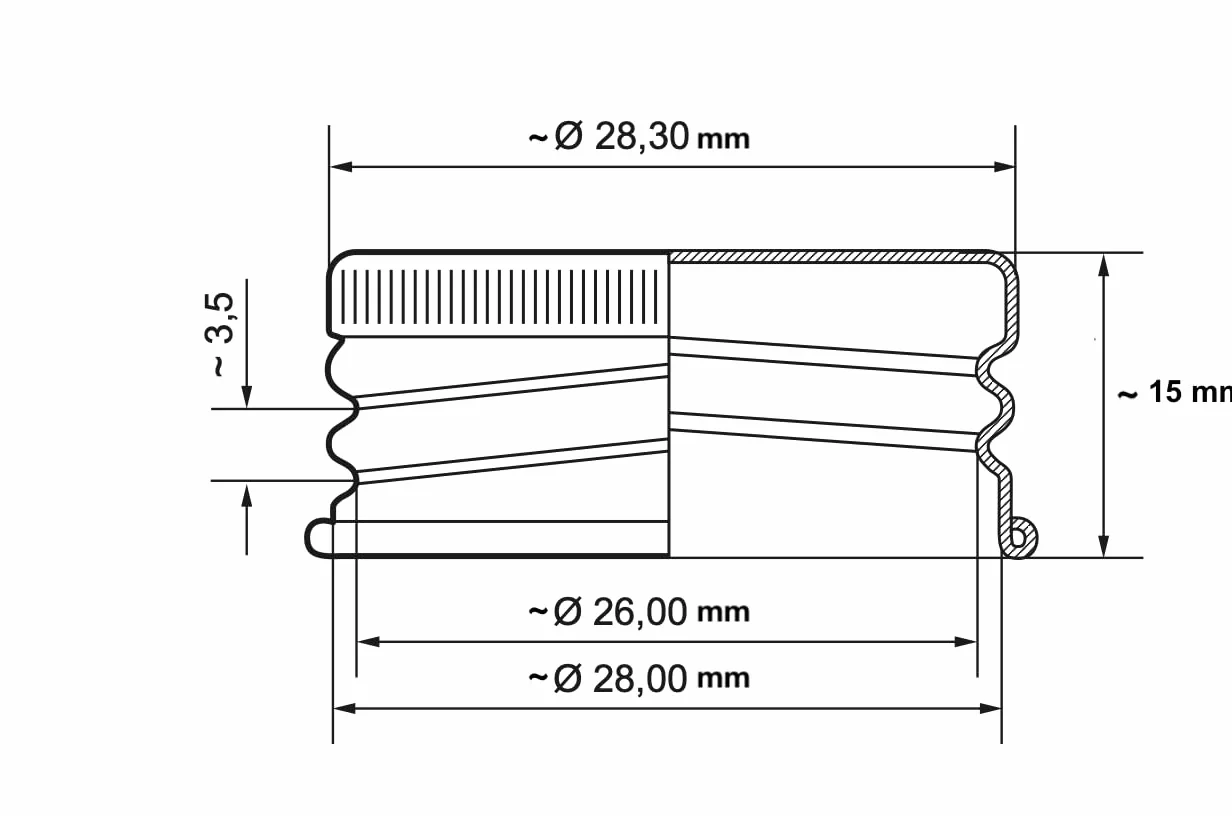 10, 15, 25, 50 lub 100 zapasowych zakrętek PP28 z walcowaną krawędzią, aluminiowe nakrętki do butelek, plastikowe szkło, opakowanie 10 sztuk