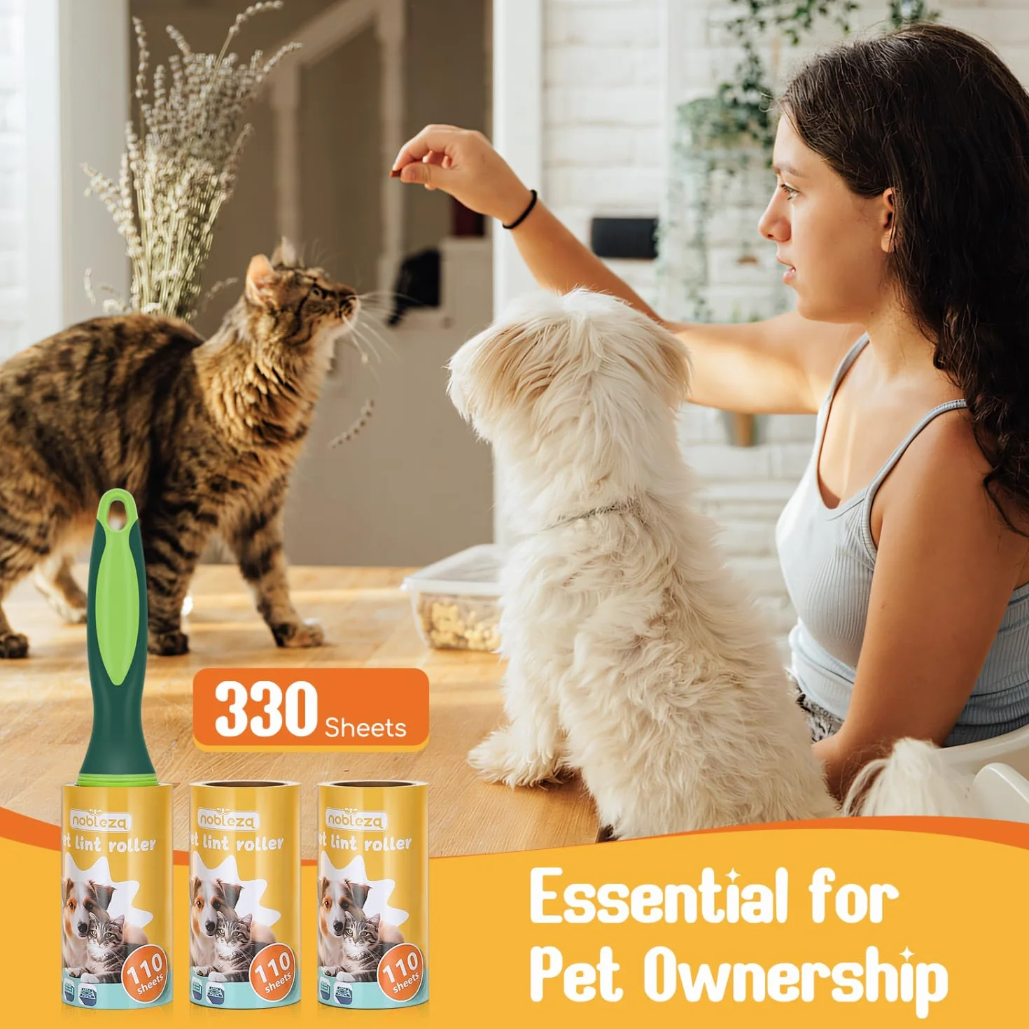 Nobleza Pet Hair Remover, Pet Lint Roller, 330 wymiennych ostrzy do usuwania kłaczków dla zwierząt domowych i 1 uchwyt, usuwanie kłaczków dla psów i kotów, zestaw 3, wyjątkowo lepki