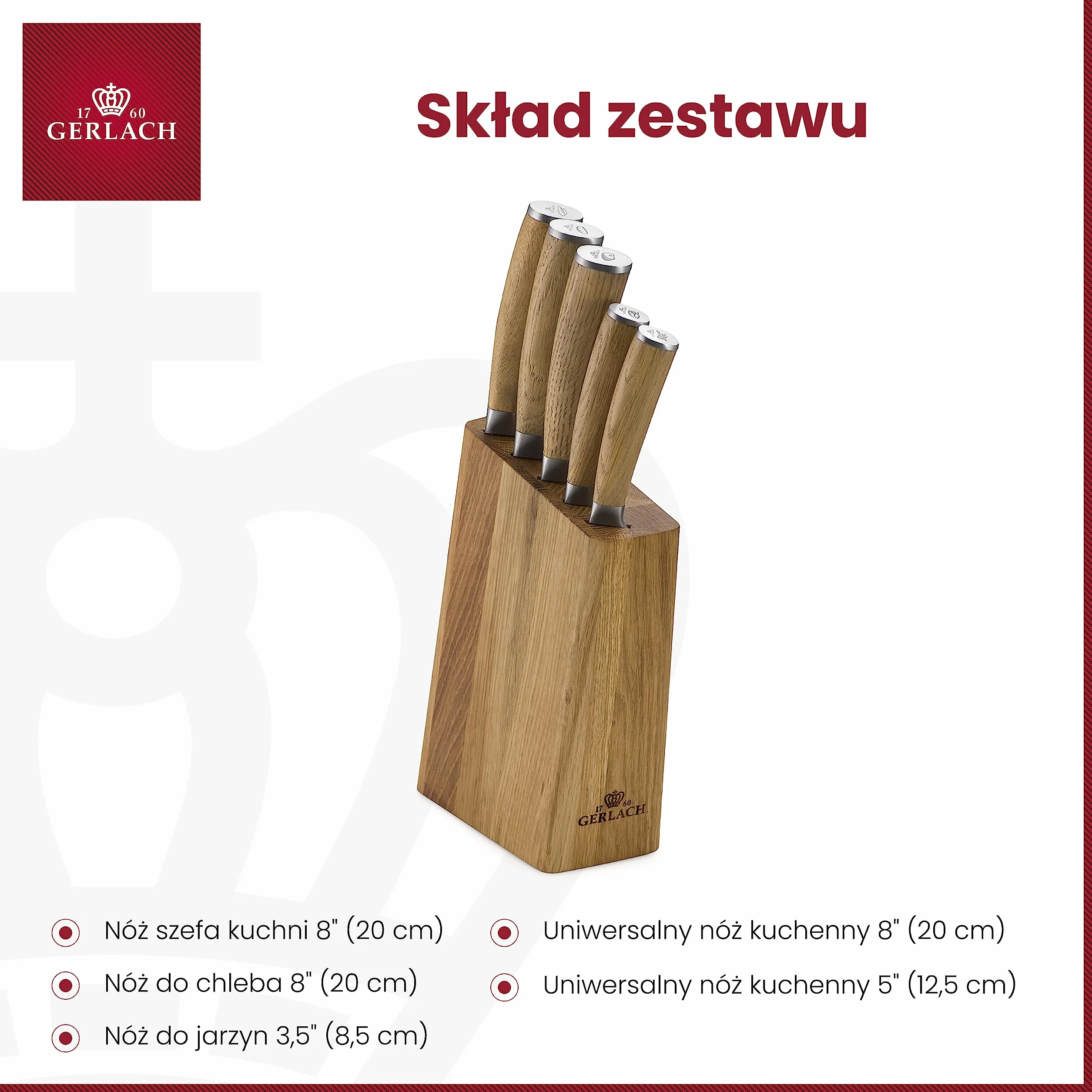 Gerlach Natur Zestaw Noży W Bloku Do Kuchni 5 Rodzajów Ostrza Stal Nierdzewna Drewno Dębowe Nóż Kuchenny Szefa Do Chleba Jarzyn