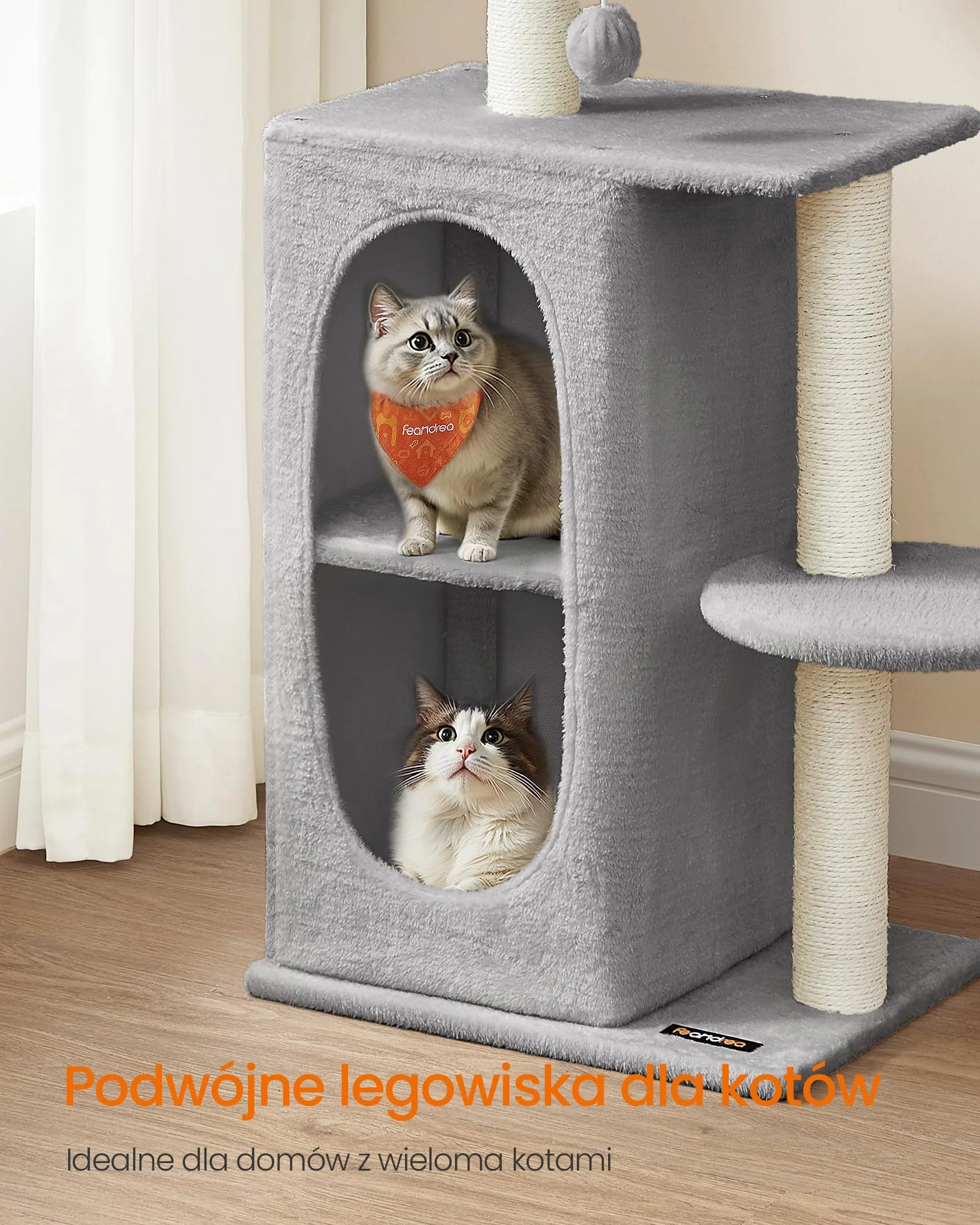 Feandrea Cat Tree, Drapak dla kota z 2 jaskiniami, słupki do drapania, dla gospodarstw domowych z wieloma kotami, kocięta, jasnoszary PCT005G01
