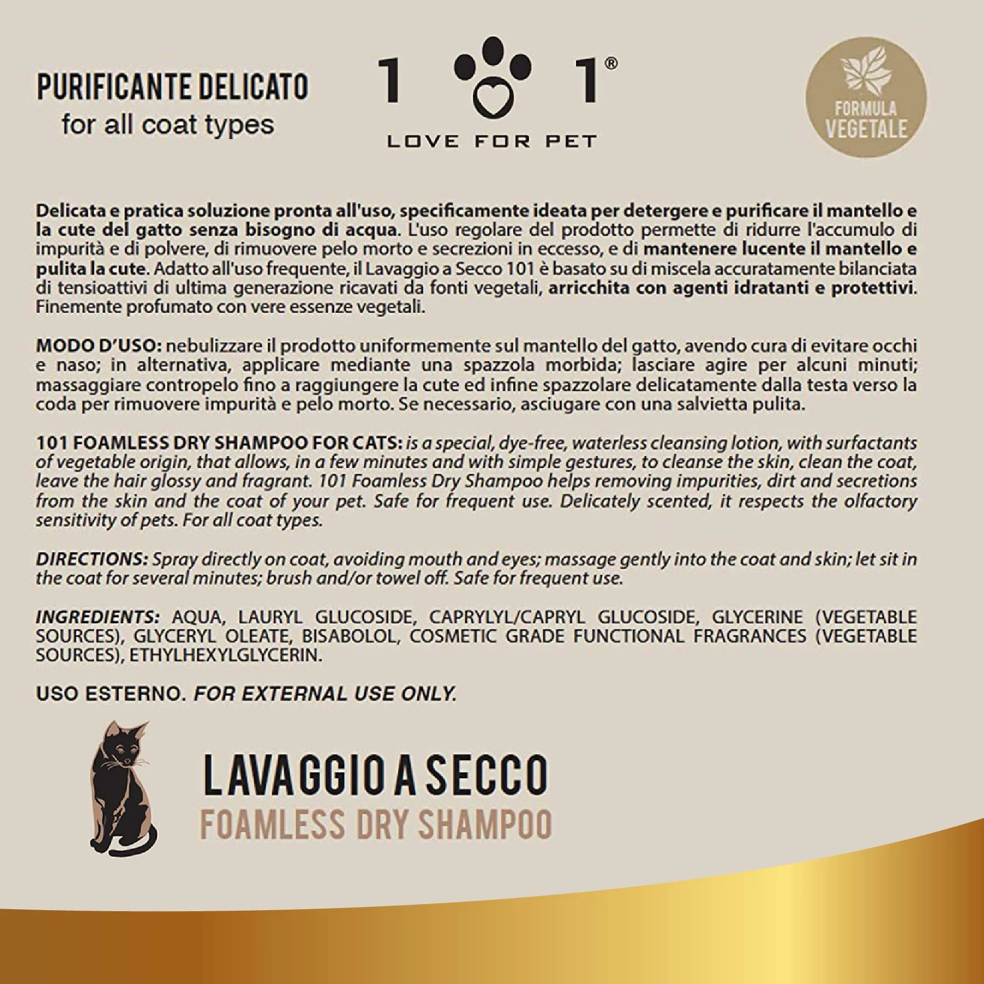 Naturalny i roślinny suchy szampon dla kotów, 250 ml, bez wody lub spłukiwania, do skutecznego prania chemicznego, linia 101