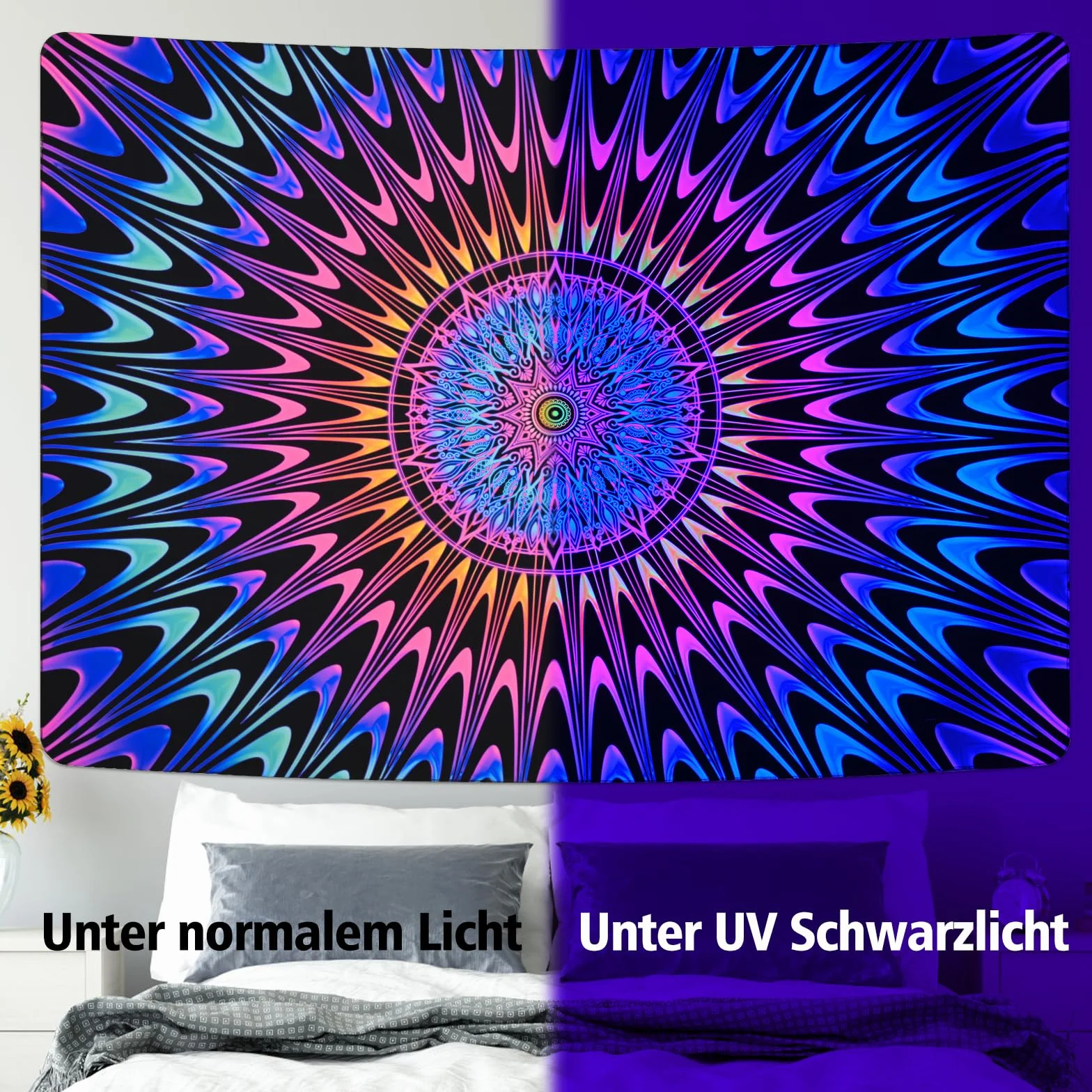 Alishomtll Czarno-kolorowy, dywan ścienny w stylu boho, mandala, reaktywna na promieniowanie UV, psychodeliczny hipisowski dywan ścienny, dekoracja domu, do sypialni, na imprezę, 210 x 150 cm