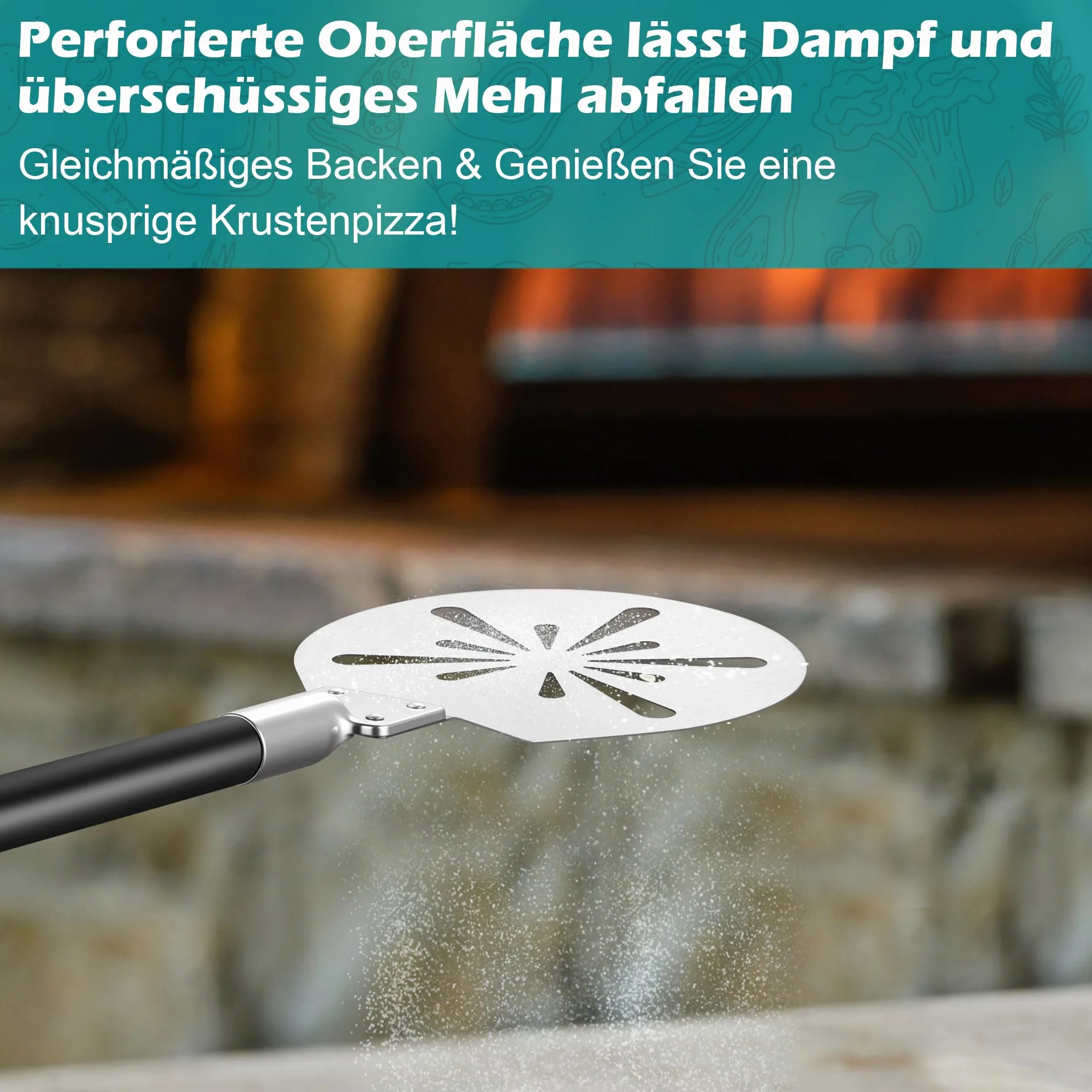 Onader Perforowana łopatka do pizzy, ze stali nierdzewnej, okrągła łopatka do pizzy, ze zdejmowanym metalowym uchwytem, do pizzy, chleba, ciasta, zdrowa i łatwa do czyszczenia – 17,8 x 30,7 x 112,5 cm