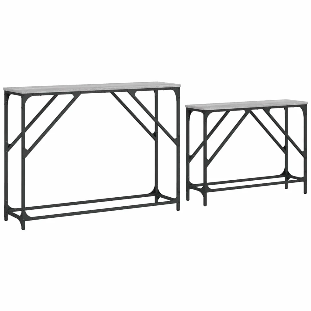 Stoły konsolowe, zestaw 2 sztuk, szary materiał drewnopochodny Sonoma, metalowa rama, szerokość 100/80 cm, stoliki pomocnicze do salonu, korytarza, przedpokoju, zajmują mało miejsca