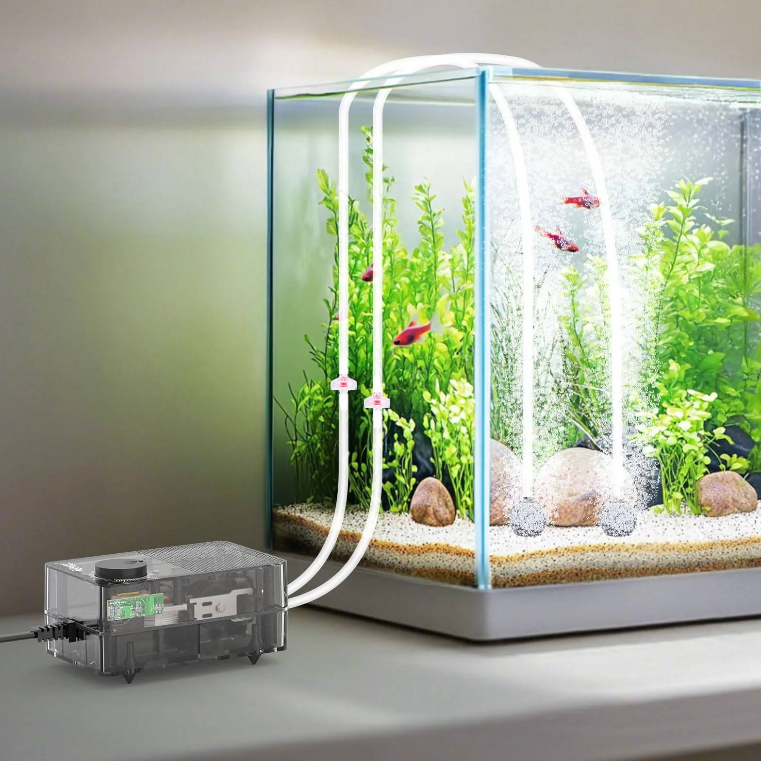 hygger Pompa tlenowa do akwarium, pompa powietrza 1,5 W, cichy perlator < 40 dB, regulowana pompa membranowa 800 ml/M, energooszczędna z przezroczystą strukturą, do basenów rybnych i nanoakwariów