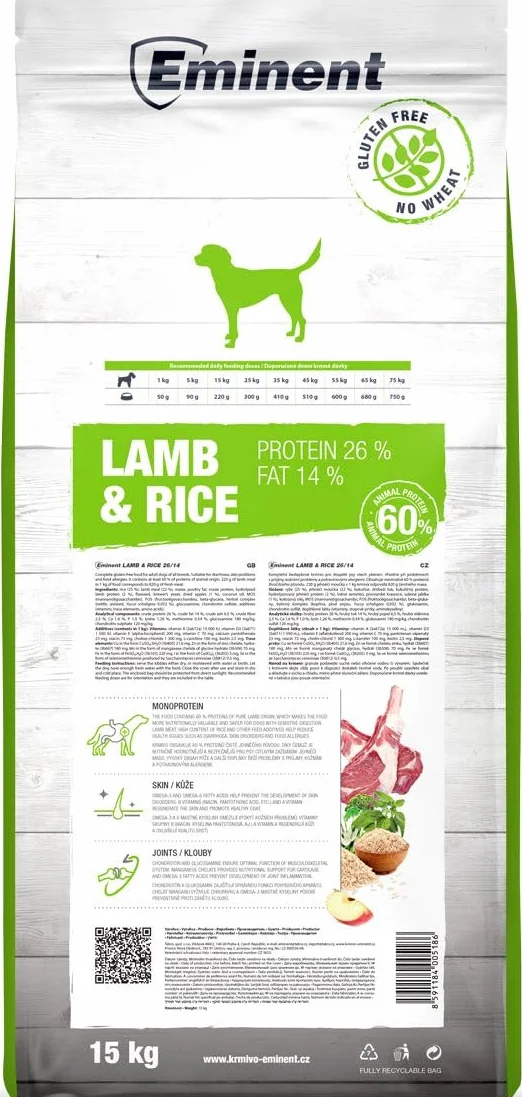 Eminent Lamb & Rice bezglutenowa karma dla psów, bezglutenowa, pełna karma dla dorosłych i psów wszystkich ras, 15 kg