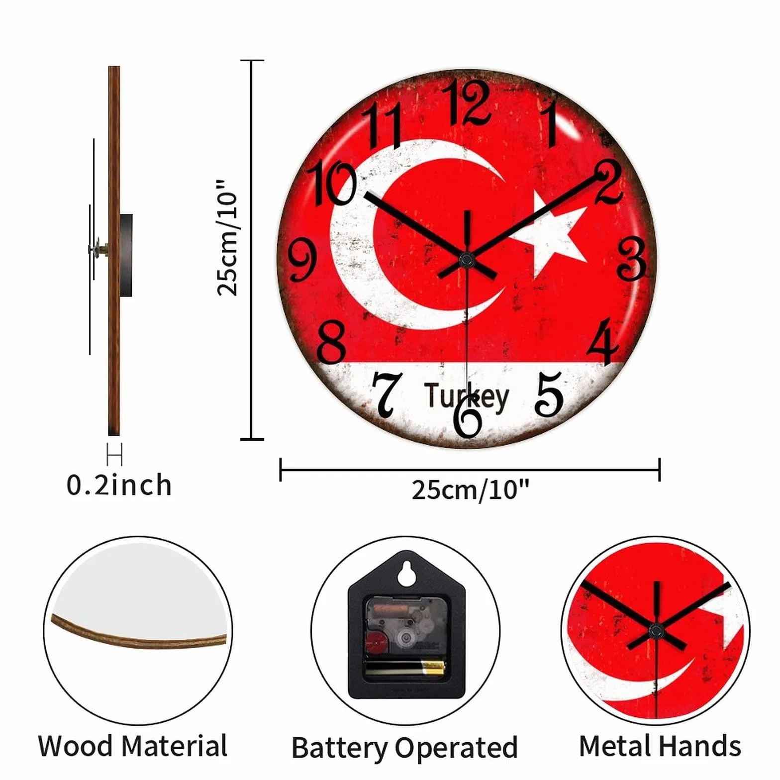 Turcja flaga zegar ścienny Turcja PCW zegar ścienny 25 cm rustykalny dom wiejski zegar cichy zasilany bateriami okrągła dekoracja ścienna do sypialni pokoju głównego