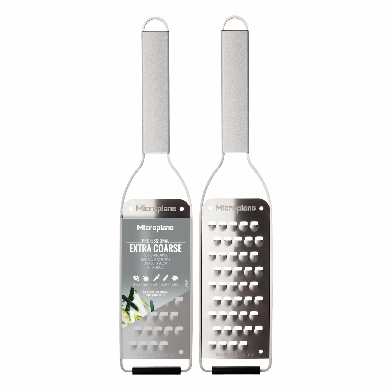 Microplane Nowa seria Professional – bardzo grube ostrze, eleganckie wzornictwo ze stali nierdzewnej, idealnie nadaje się do ziemniaków, cukinii, marchwi, jabłek lub miękkiego i twardego sera i wielu