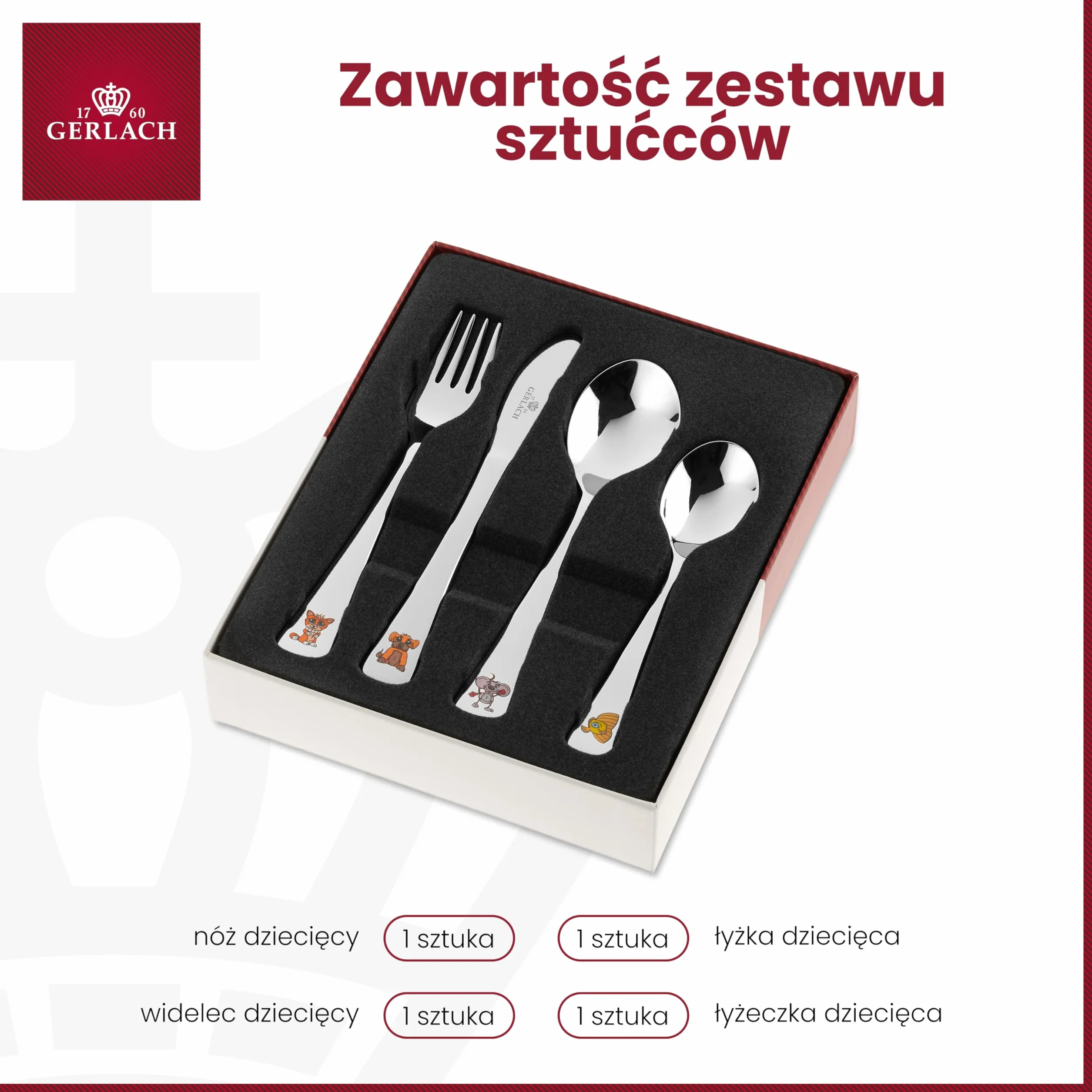 Gerlach Pychotki Zestaw Sztućców Dla Dzieci Sztućce Stołowe Ze Stali Nierdzewnej Ze Wzorem W Zwierzątka Nóż Widelec Łyżka Łyżeczka