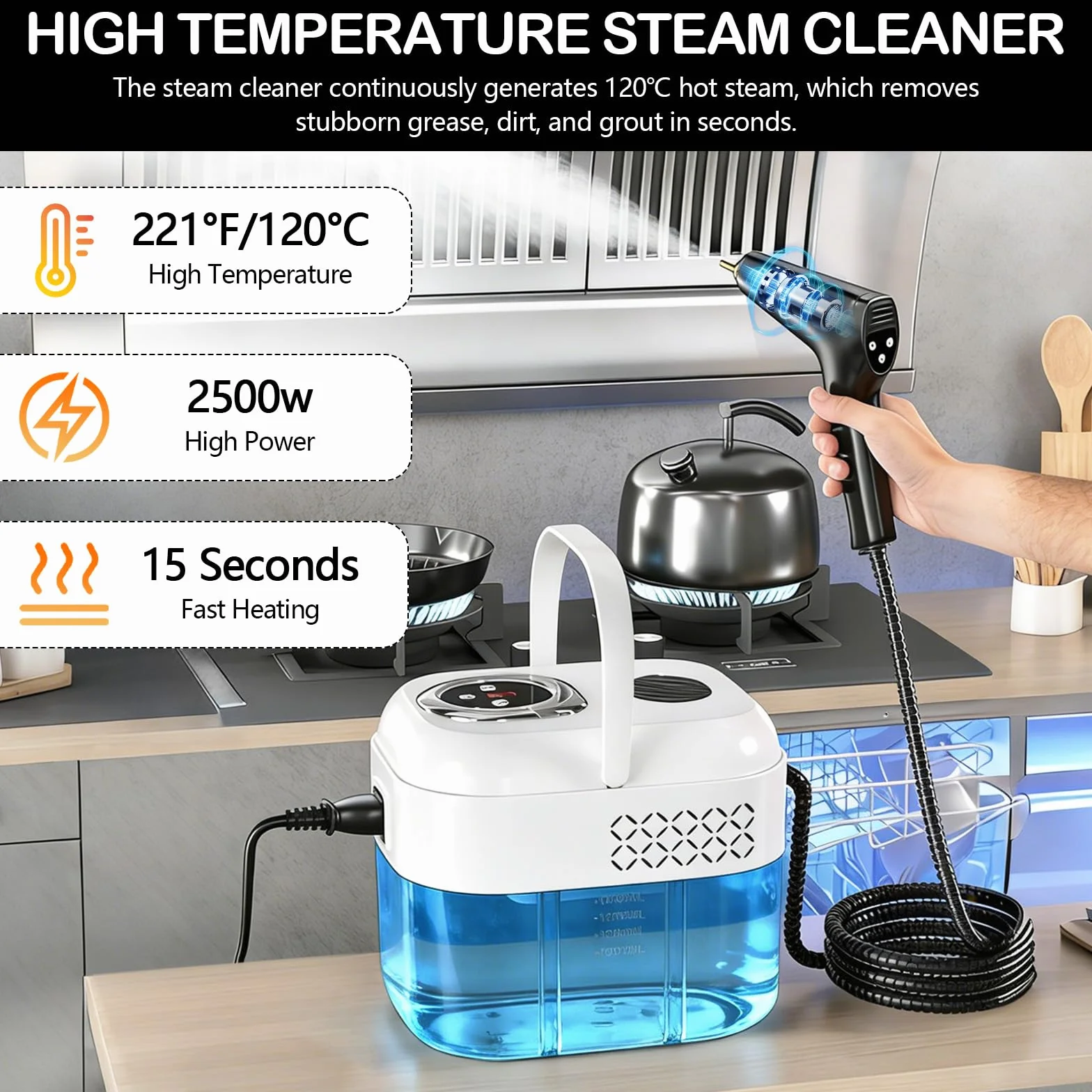 Myjka parowa, 6-stopniowa regulacja uchwytu, czas nagrzewania 15 sekund, zbiornik na wodę 1,7 l, 2500 W, urządzenie ręczne z 16 akcesoriami, do czyszczenia podłóg, kuchni, okien, łazienki, samochodów