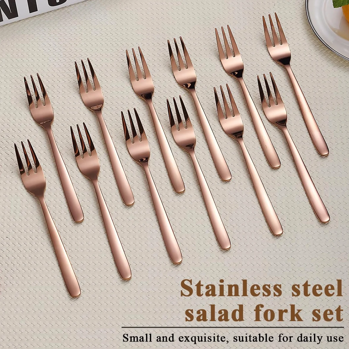 Kyraton Rose Gold Dessert Forks 12 sztuk 15,6 cm widelec do ciasta ze stali nierdzewnej, widelce do herbaty, widelce do owoców, zestaw sztućców do ciasta, można myć w zmywarce
