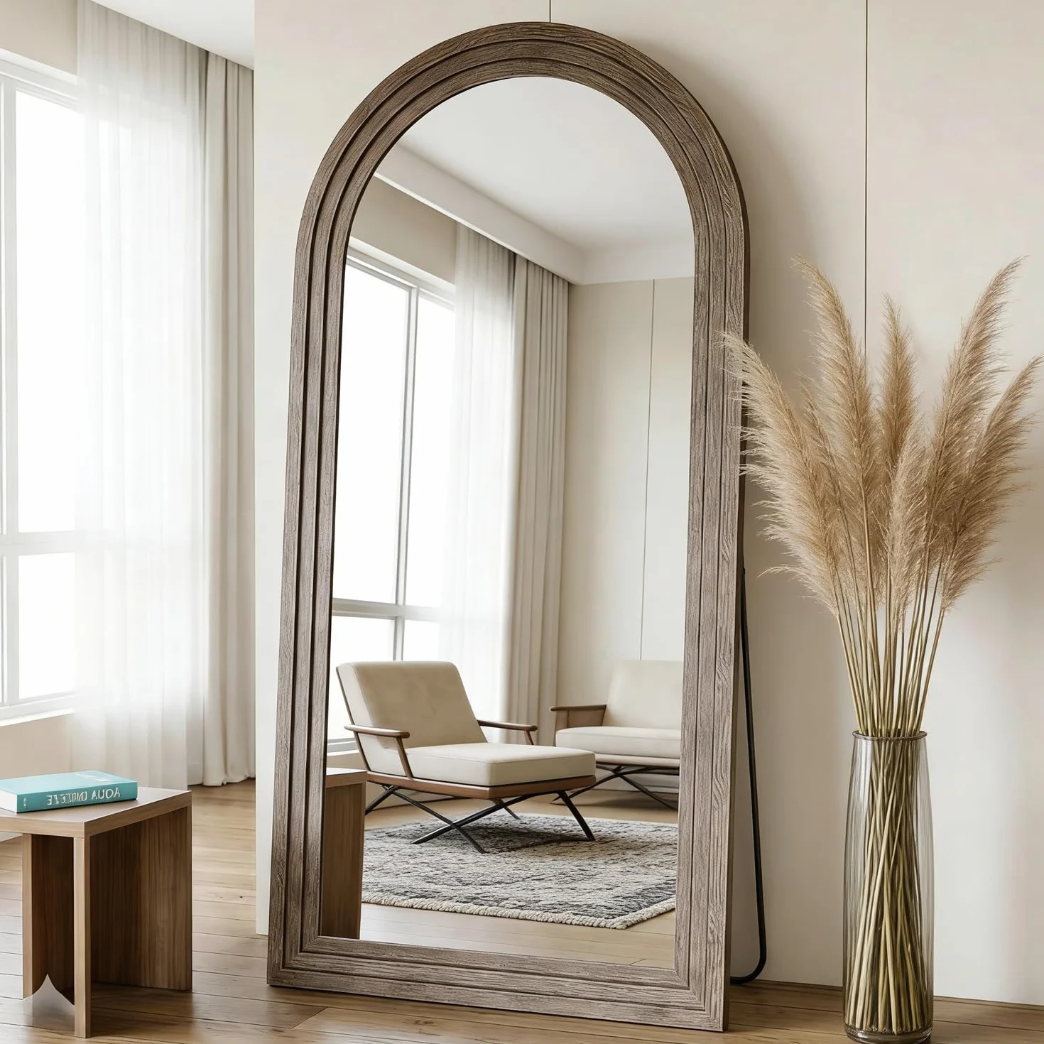 Lustro o pełnej długości, łukowe, 180 x 80 cm, drewniana ściana, pełna długość, postarzane, duże lustro podłogowe do salonu, sypialni, wejścia, brązowe
