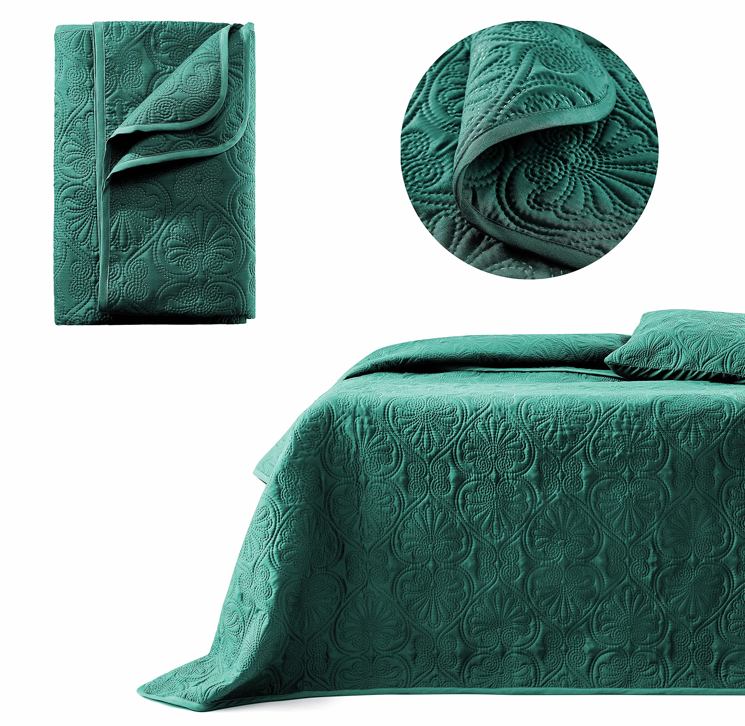 ROOM99 Leila Elegancka narzuta w kolorze ciemnozielonym, 220 x 240 cm, wszechstronna narzuta na łóżko lub sofę, pikowana, idealna jako narzuta na łóżko i sofę