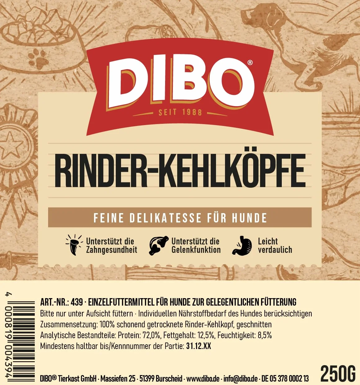 DIBO Gardło wołowe cięte 250 g naturalne smakołyki dla psów