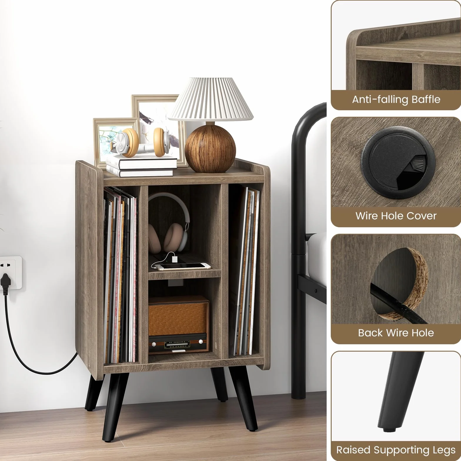 KOMFOTTEU Stojak na gramofon ze stacją ładującą, stojak na płyty gramofonowe z 4 otwartymi półkami, regał prezentacyjny, uchwyt na płyty, stół do drukarki, do biura, salonu (szary)