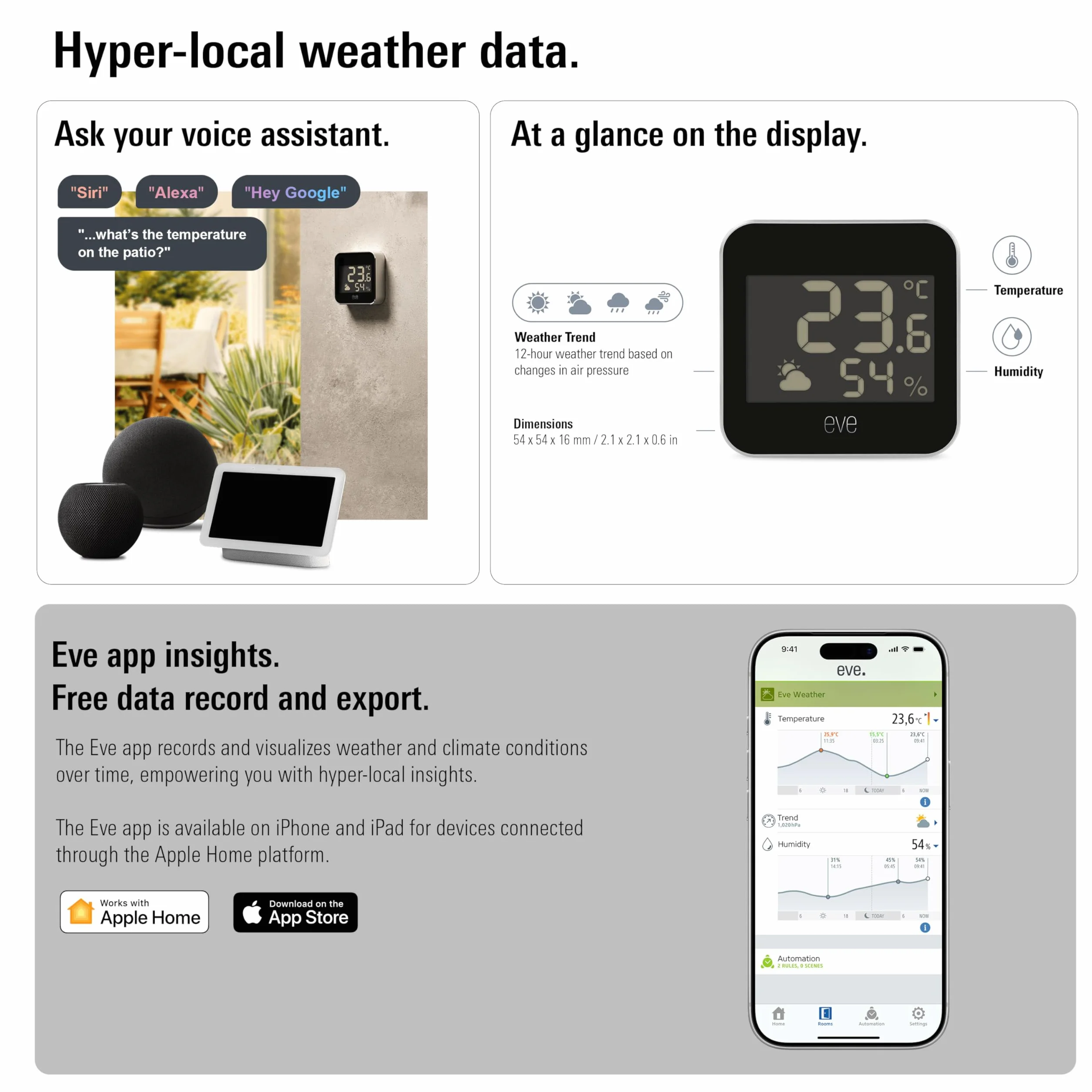 Eve Weather (Matter) Inteligentna stacja pogodowa, temperatura, wilgotność, trend pogodowy, wodoodporność IPX4, bezprzewodowa, dostęp głosowy Google/Alexa/Siri, router z gwintem, czarny