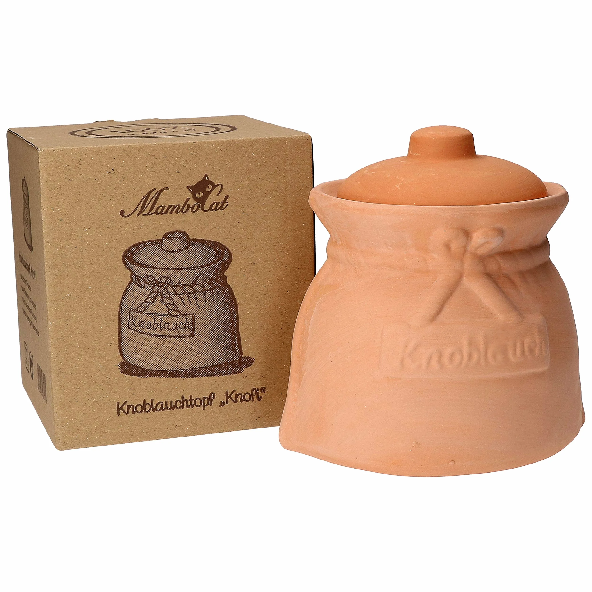 MamboCat Garnek do czosnku, terakota, garnek z pokrywką, zabawny pojemnik na czosnek, warzywa, gliniany pojemnik w kartonie prezentowym, gliniane naczynie kuchenne, gliniane naczynie na żywność, 15 x