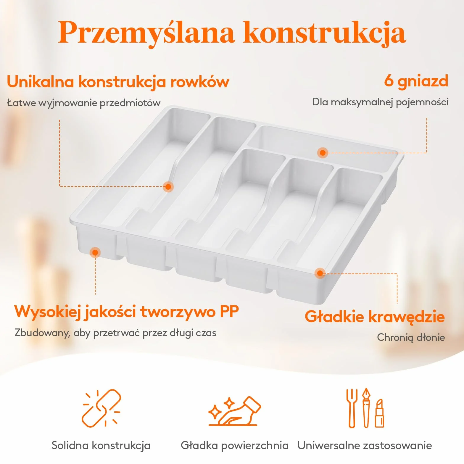 Organizer do szuflady na sztućce Lifewit, Plastikowa taca na sztućce do szuflady kuchennej, Uchwyt, Przegródka na Łyżki, Widelce, Noże, Zastawa stołowa, 6 przegródek, Biały