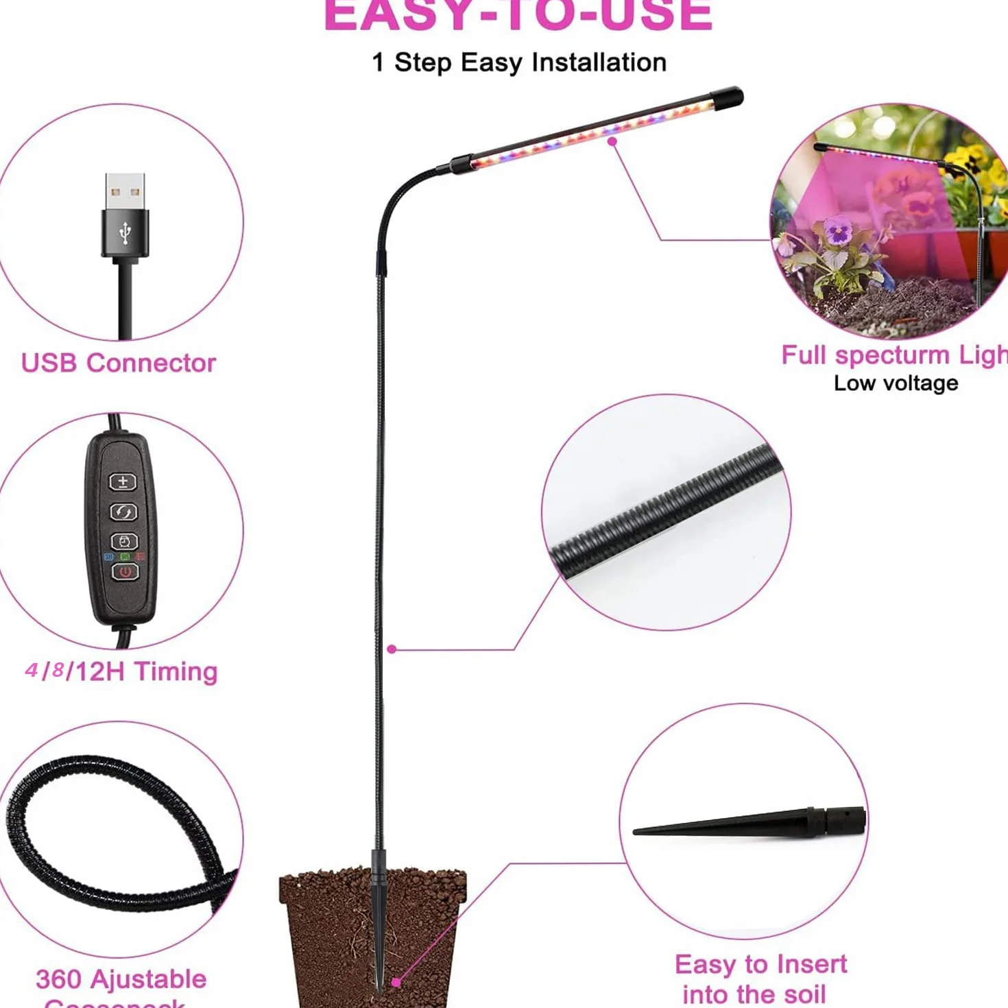 Lampa do uprawy roślin, do wnętrz, 6000 K, pełne spektrum, łabędzia szyja, automatyczny zegar