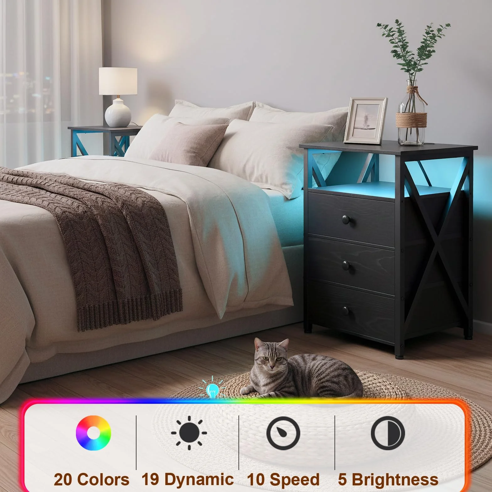 AMHANCIBLE Stolik nocny z LED, stolików nocnych z stacją ładującą, stolik boczny z 3 szufladami z materiału, szafka nocna z otwartą komorą, do salonu, sypialni, gabinetu, czarny HET053LBK-1