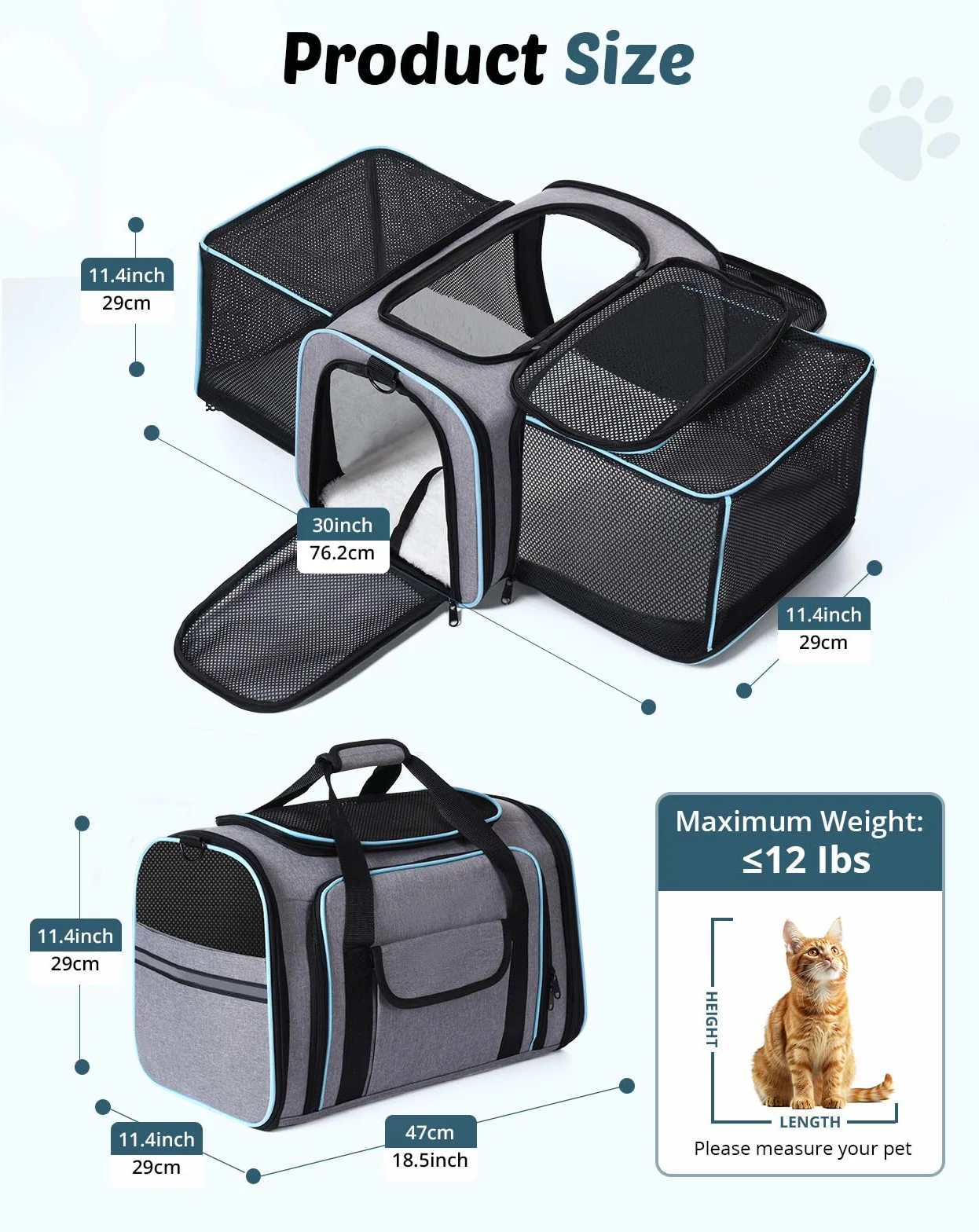 Petcozife Torba transportowa dla kota składana 47x29x29 cm do 5,5 kg
