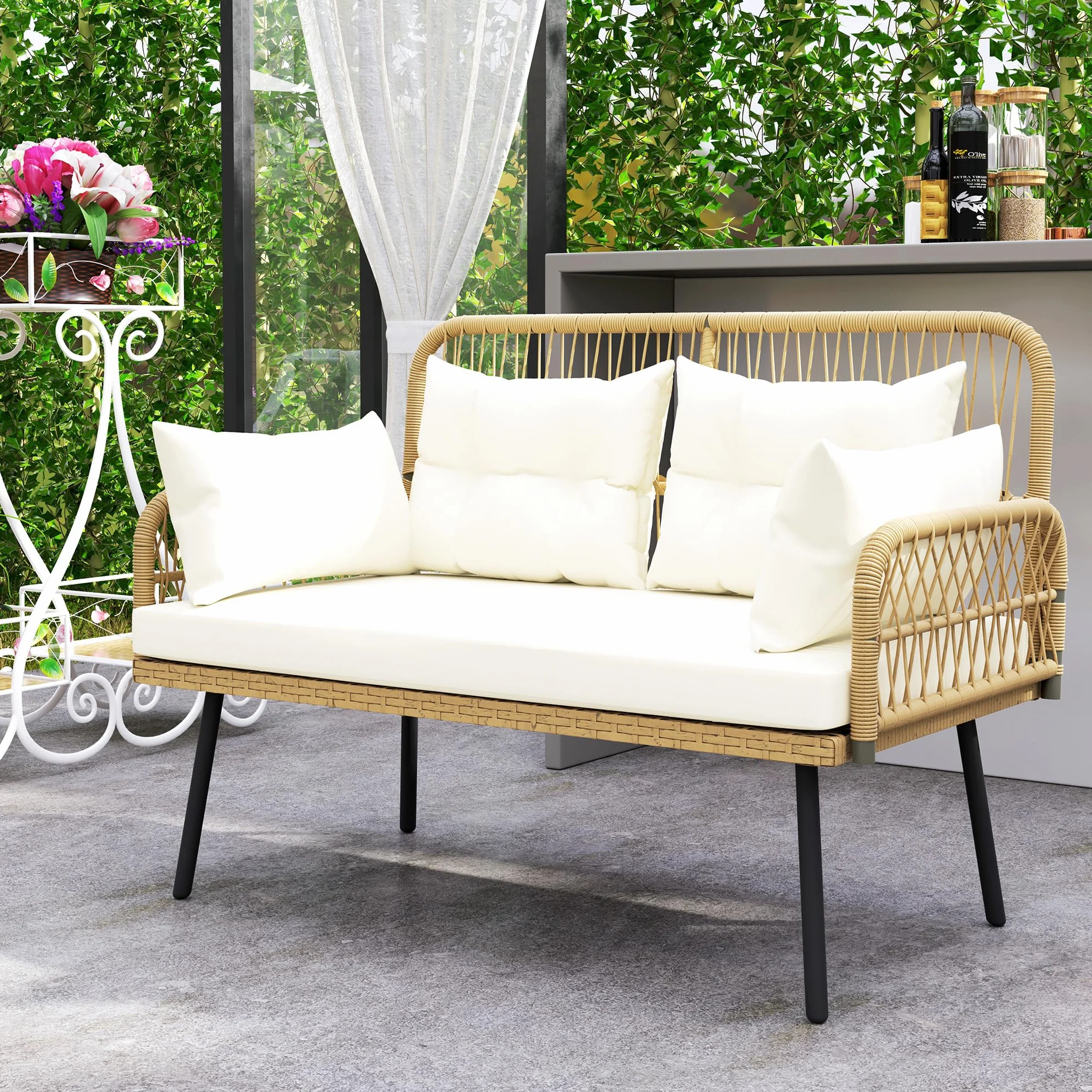 Outsunny Sofa Ogrodowa z Poduszkami 2-osobowa Sofa Balkonowa Rattanowa Sofa Polirattan Meble Ogrodowe 115 x 61 x 82 cm Naturalne Drewno