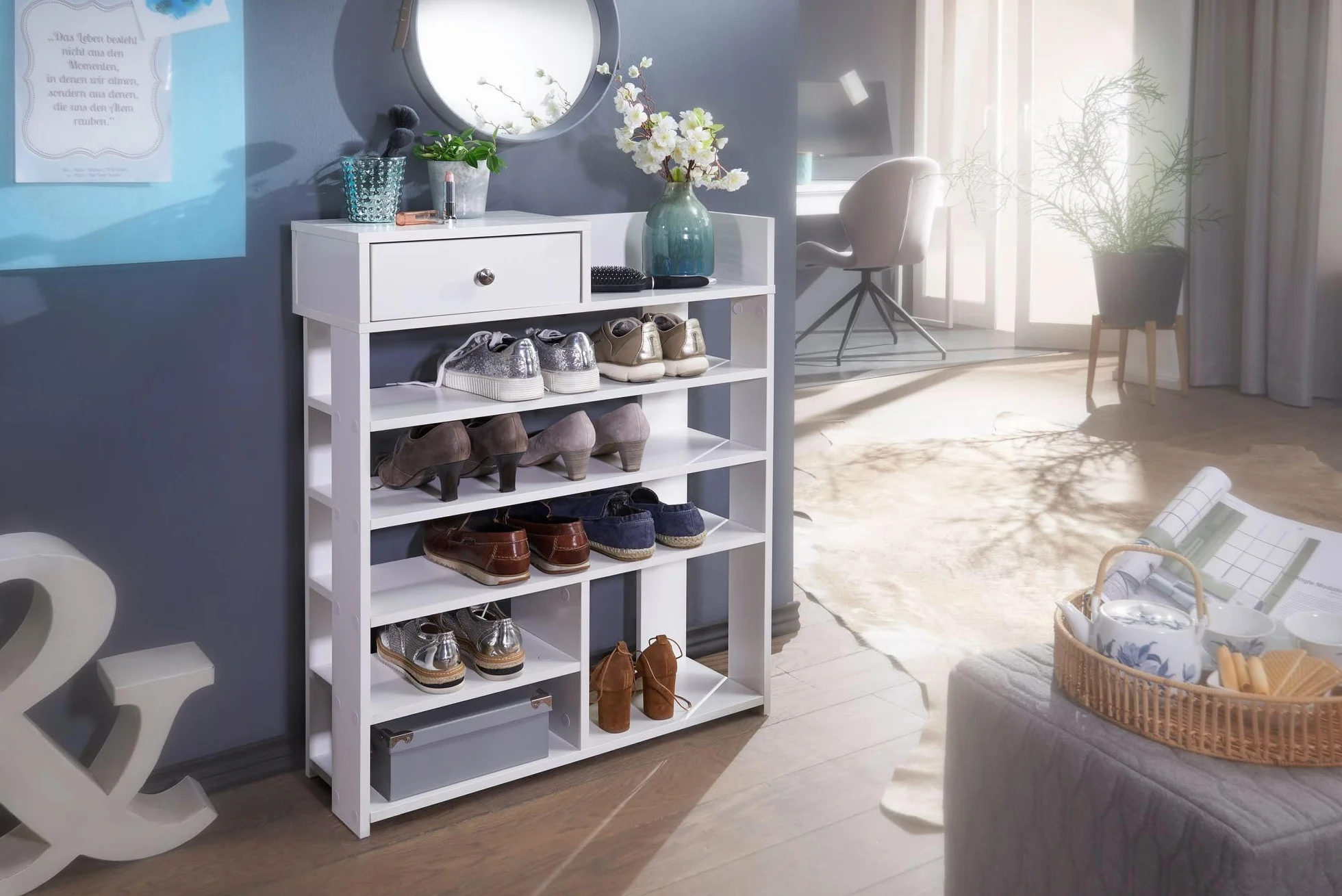 WOHNLING Regał na Buty 75x24x92,5 cm Biały z Szufladą, 7 Przegrody | regał do przedpokoju wysoki do wiele par butów, regał stojący ze schowkiem, półka na buty otwarta do przedpokoju i korytarza