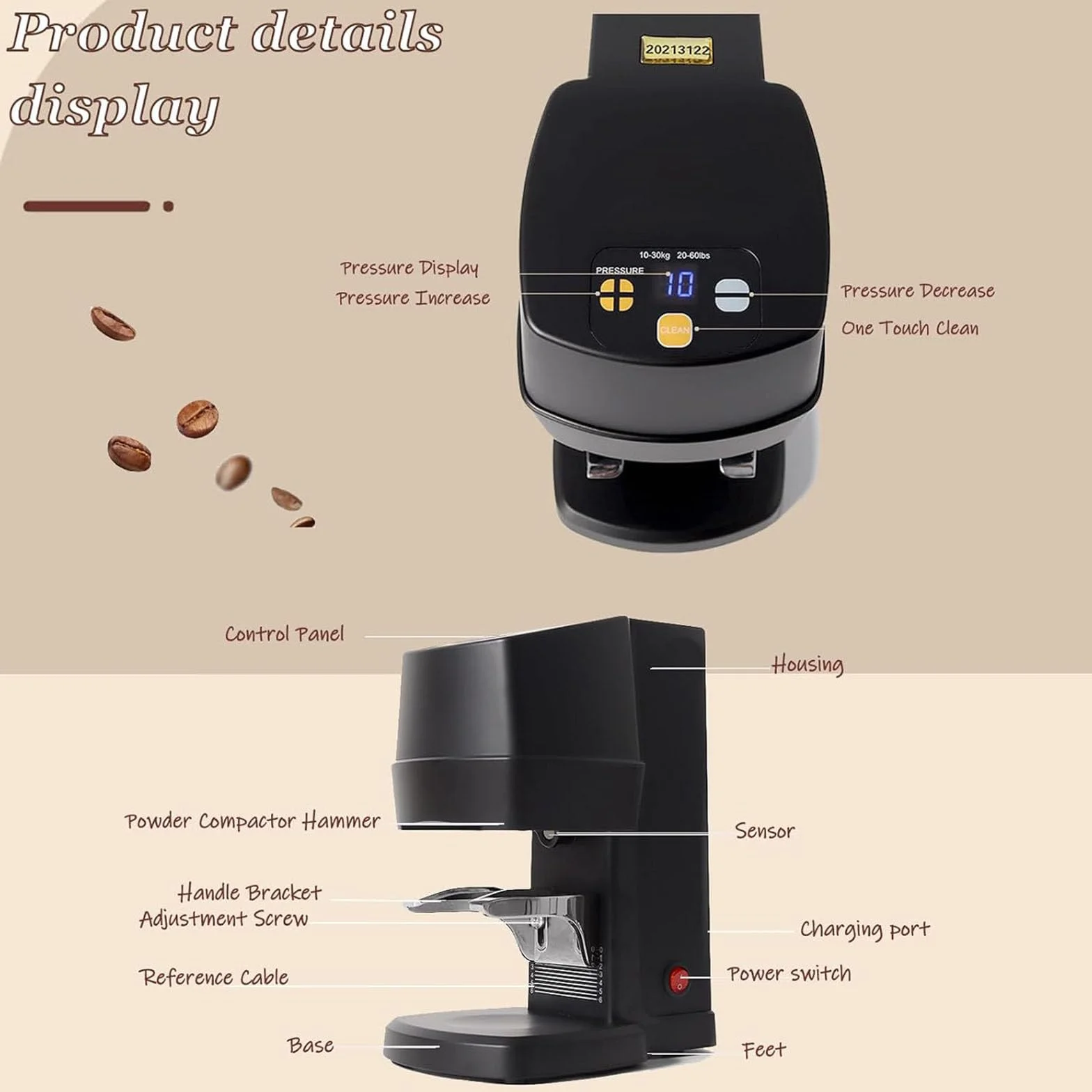 Ubijak do kawy 58 mm – automatyczna prasa do kawy ziarnistej espresso – 10–30 kg, regulowane ciśnienie – narzędzie do kawy – łatwe czyszczenie – do kawiarni i użytku domowego (czarny)