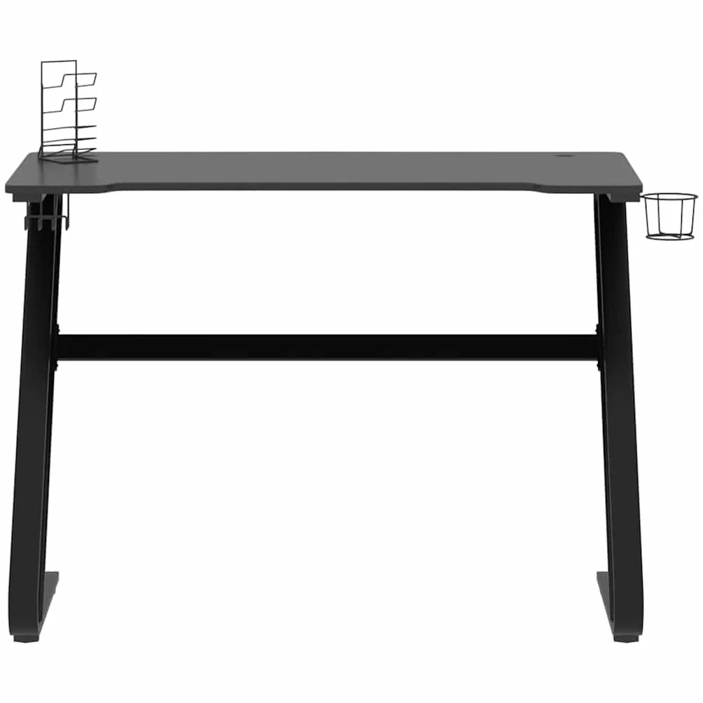 Biurko gamingowe ze stelażem ZZ, czarne, materiał drewnopochodny i żelazo, 110 x 60 x 75 cm, z półką na słuchawki i kontroler, uchwyt na kubek, stabilny stolik pod komputer do domowego biura