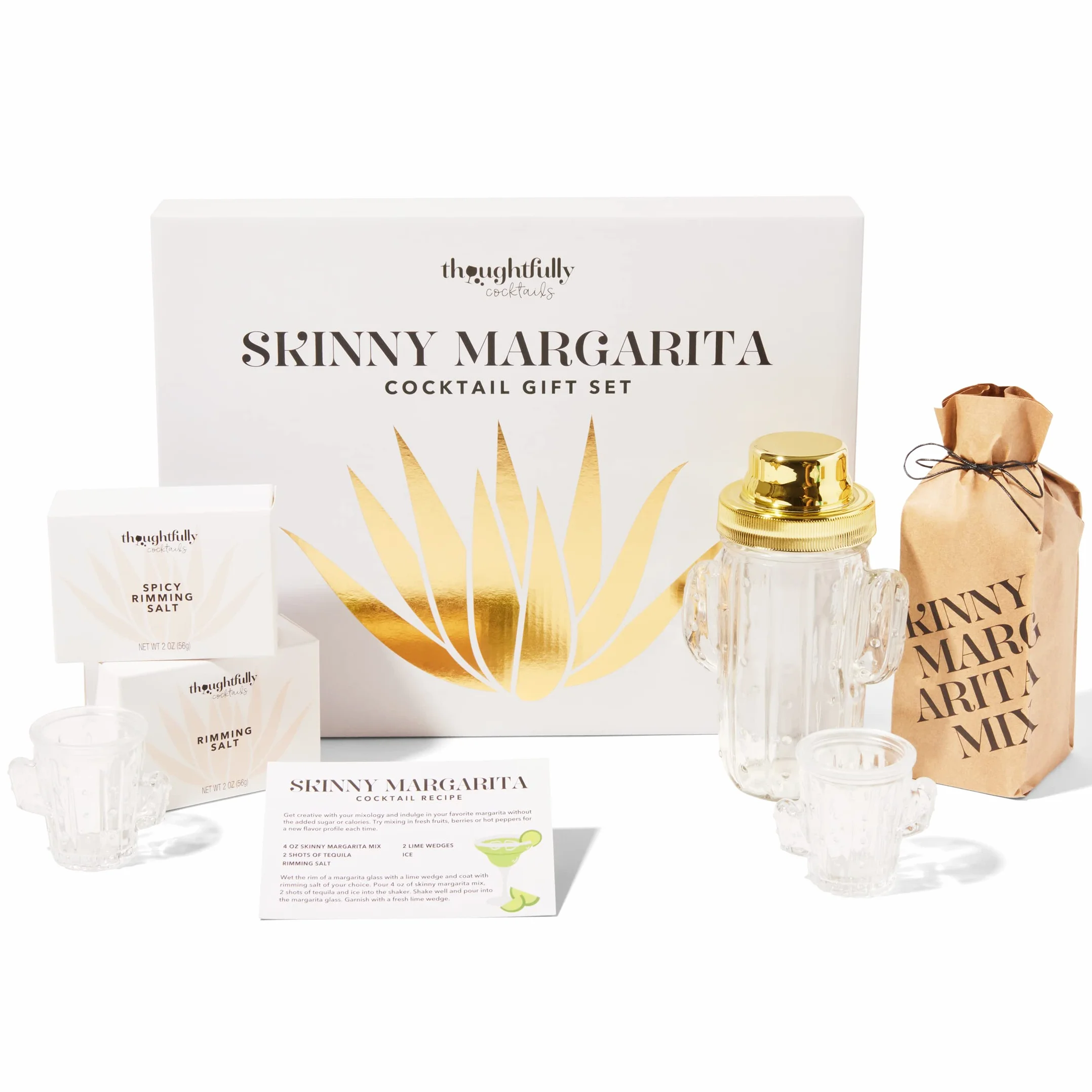 Thoughtfully Skinny Margarita Cocktail Gift Set Zestaw koktajlowy, mieszacz do margarity w zestawie, szklany shaker w kształcie kaktusa, 2 kieliszki w kształcie kaktusa, 2 sole smakowe, bez alkoholu