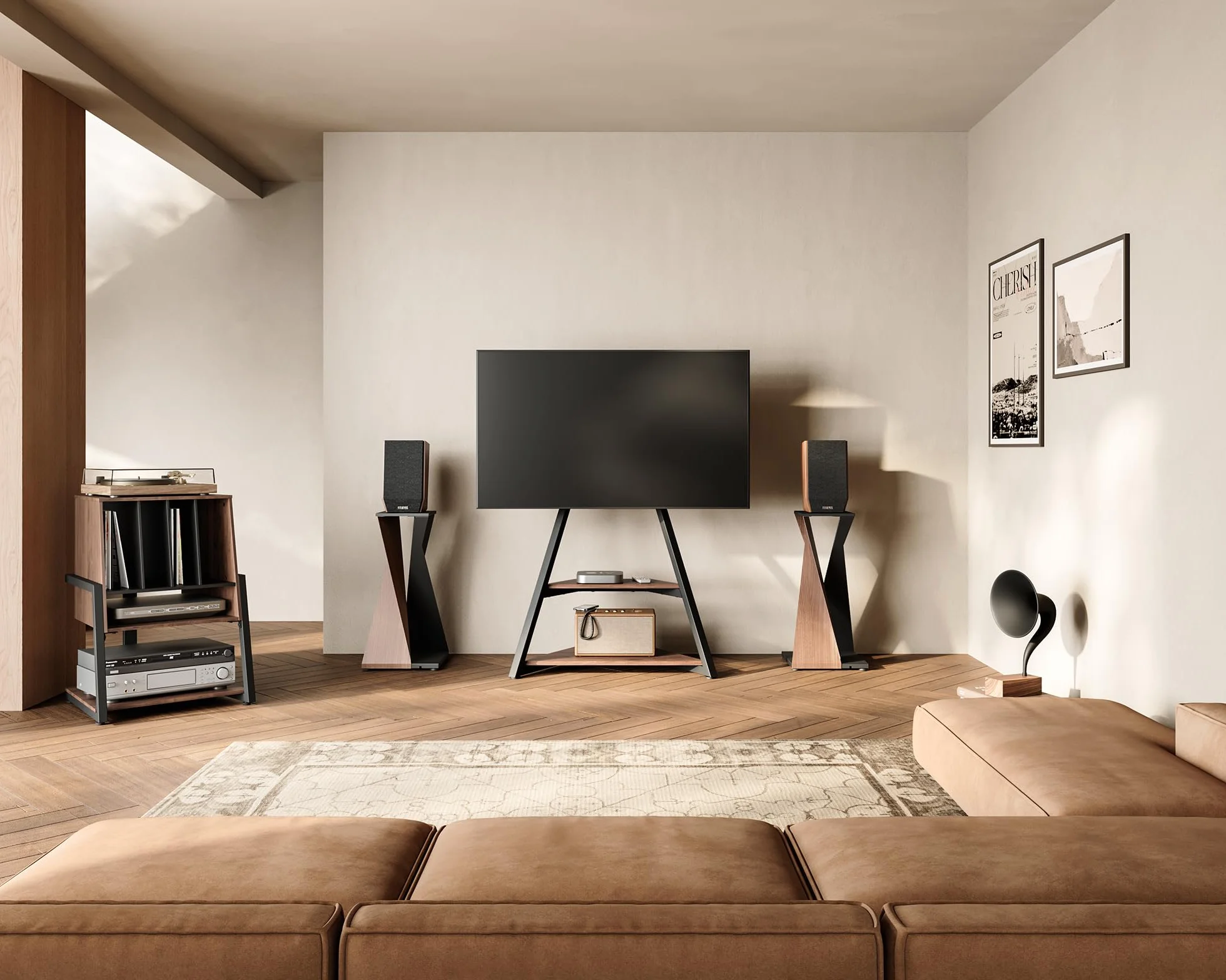 FITUEYES Designerski gramofon, stół HiFi, do gramofonów, płyt gramofonowych, kompaktowych urządzeń, regałów, nowoczesna, elegancka seria Eiffel