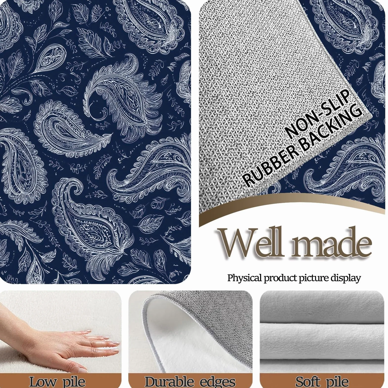 Dywan do salonu, można prać w pralce, 160 x 230 cm, dywan Paisley, antypoślizgowy, białe liście kwiatów nerkowca, niskie runo, nie gubi włosia, nadruk, do jadalni, domu, biura, sypialni