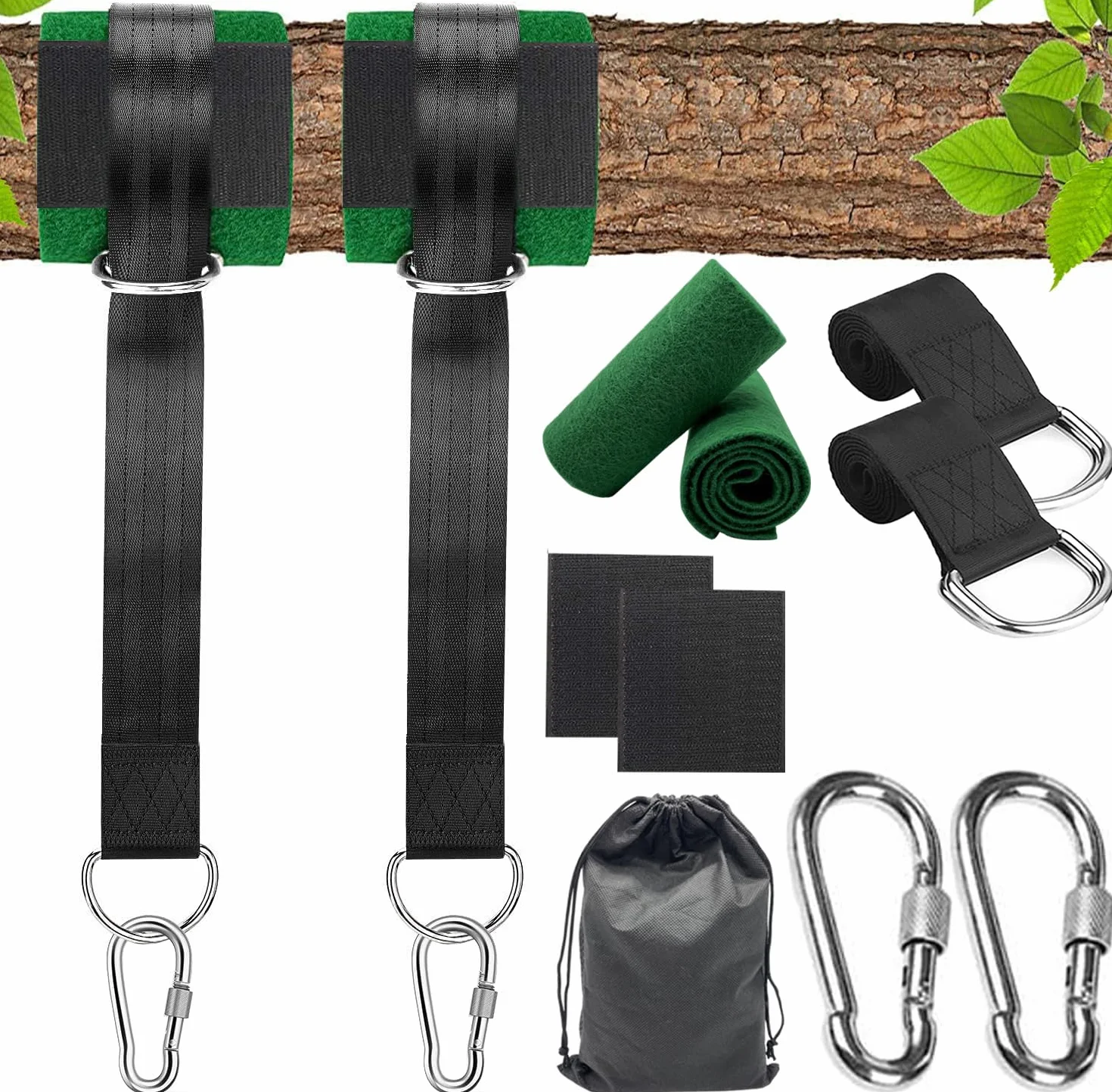 Zestaw do Zawieszenia Hamaka 150cm*2 Mocowanie Hamaka Zawieszenie Hamaka Zestaw do Zawieszania D-Ringów z 2 Ochraniaczami na Drzewa i 2 Torbą do Przechowywania Karabinków na Huśtawkę i Hamak