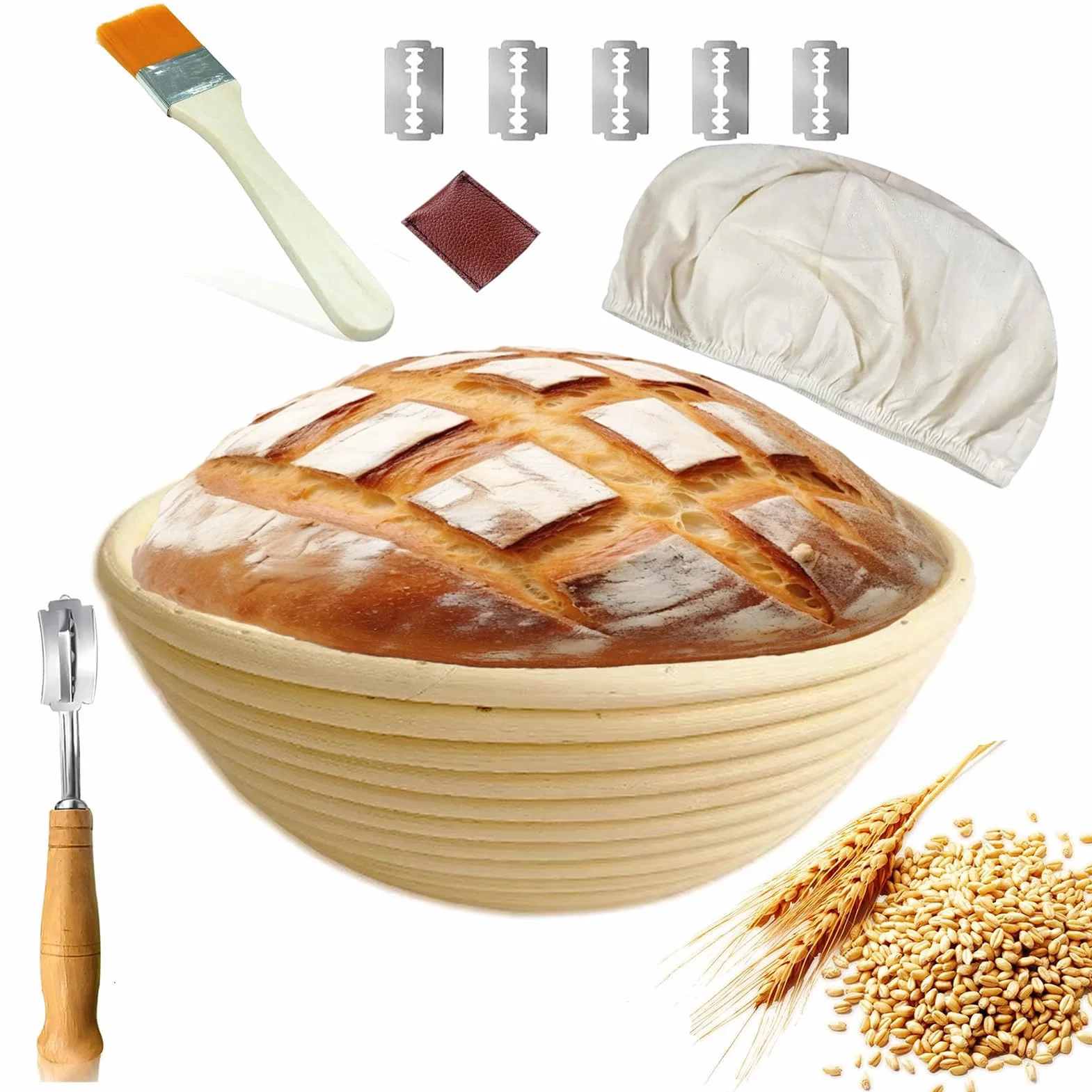 Okrągły Kosz do Garowania 23 cm, Zestaw Koszyków do Garowania, Banneton, Naturalny Rattan, Szczotka, Nóż do Chleba, lniany Worek do chleba, Zestaw do Pieczenia Chleba, Pojemność 1 kg Ciasta