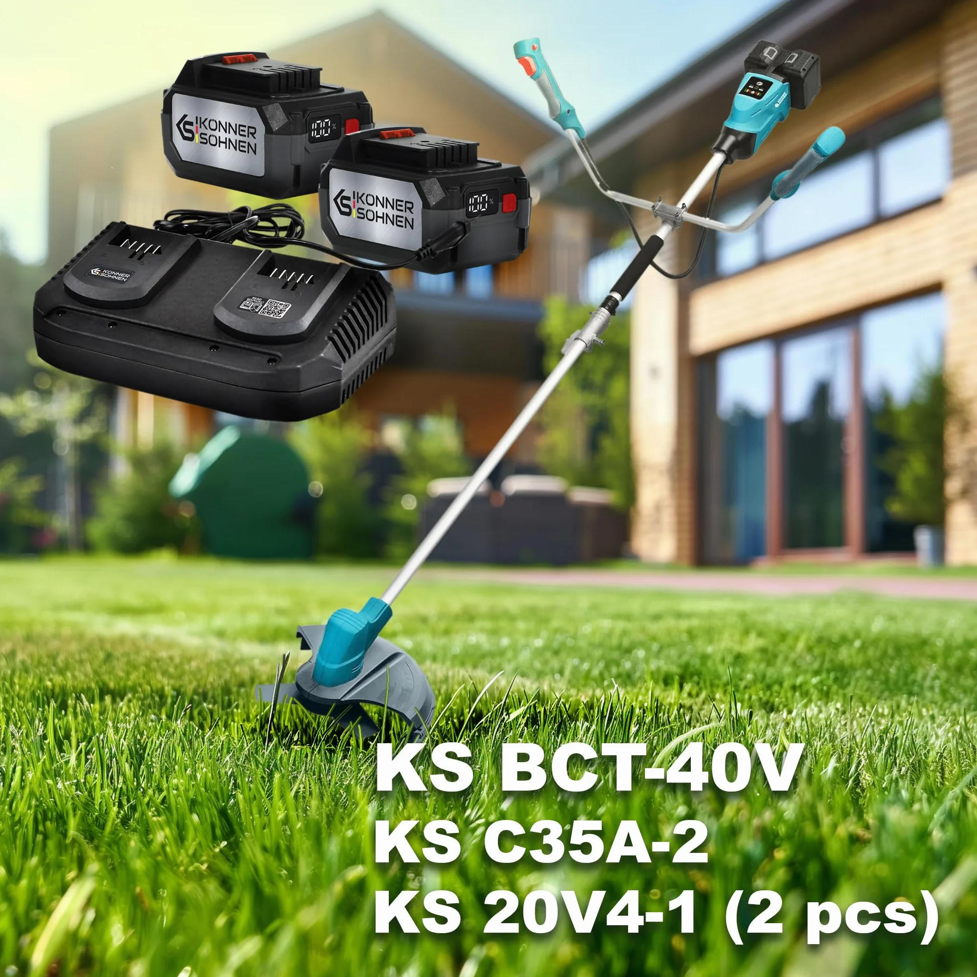K&S Könner&Söhnen Zestaw Akku-Rasentrimmer KS BCT-40V, Nennspannung 40 (20+20), Messer 3 Zähne, Schnittdicke 2 mm, + Ladegerät für Li-Ion Akku KS C35A-2 + Li-Ion Akku 20V KS 20V4-1 (2 szt. )),Akku