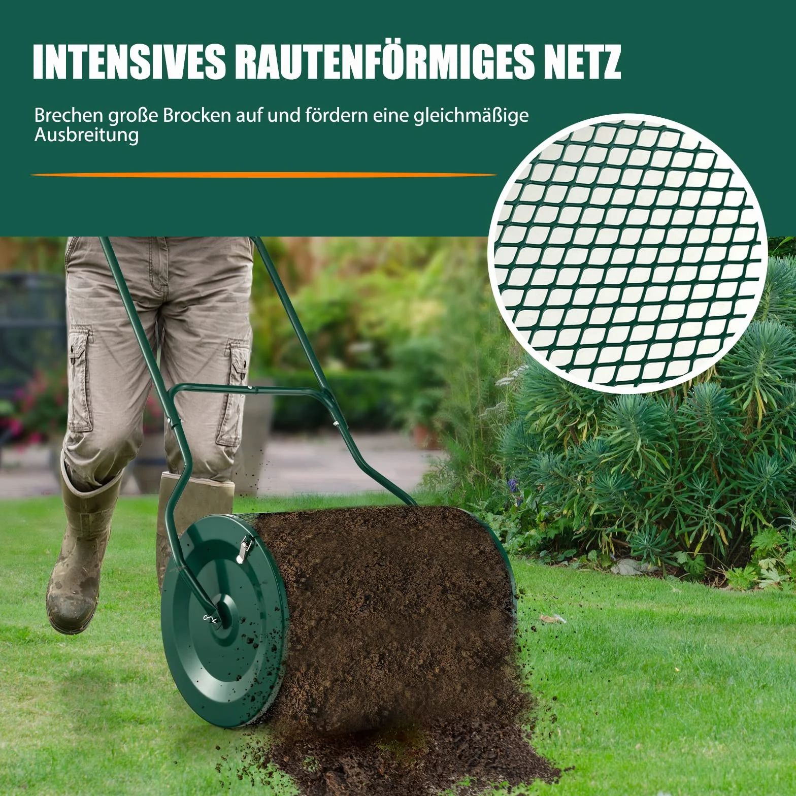 COSTWAY Rozsiewacz kompostowy 80 l, dystrybutor torfowy z uchwytem U, Ø 40 x 68 cm, rozsiewacz nawozu, trawnik, ogród, rozsiewacz nawozów i sadzonek, kompostownik, metal, dystrybutor z koszem z siatki