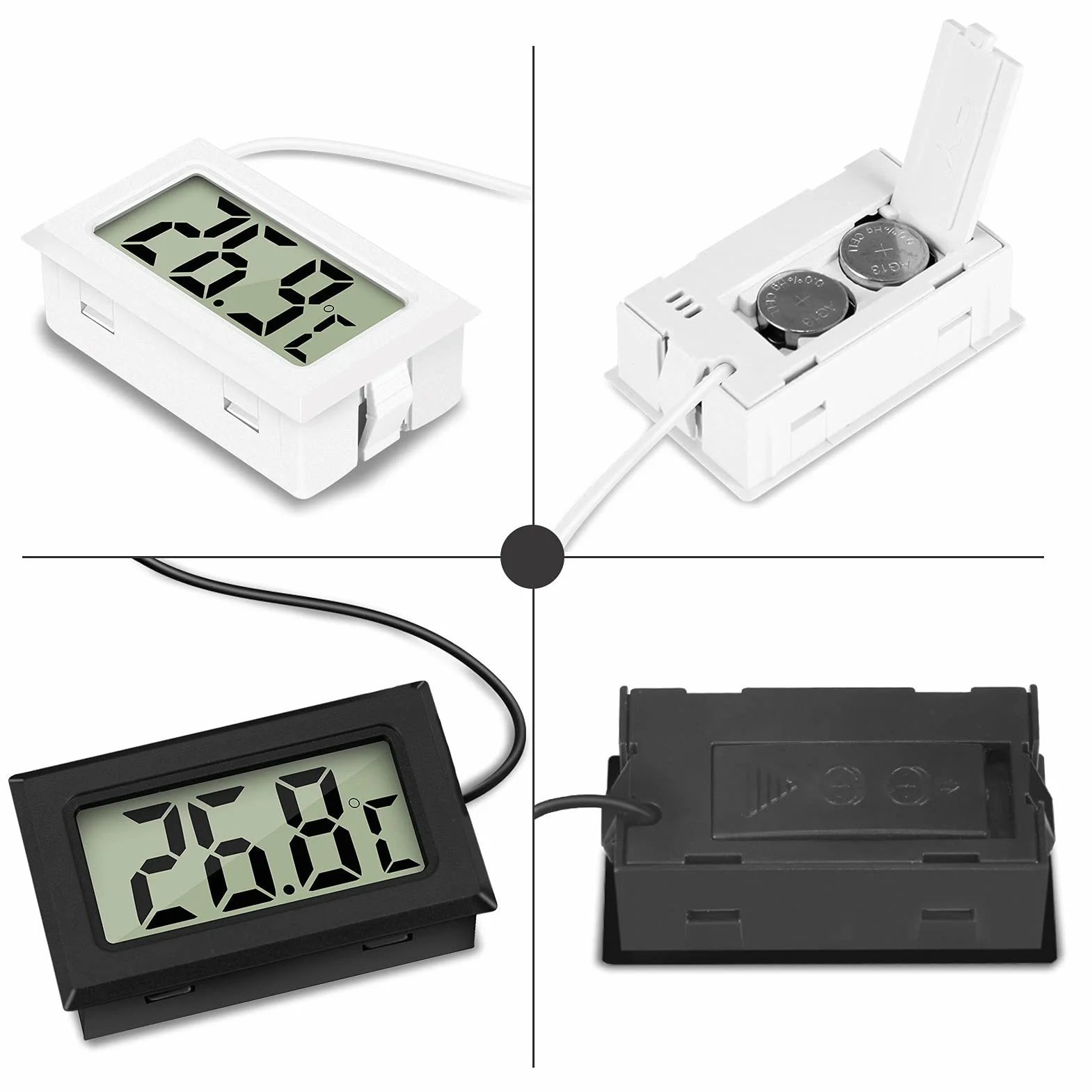 Thlevel Mini cyfrowy LCD termometr temperatury wilgotności z zewnętrzną sondą wodoodporną do lodówki, zamrażarki, akwarium, 2 białe, 2 czarne, 4 szt