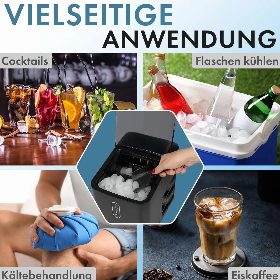 Clatronic® EWB 3798 Ice Cube Machine Fast Production - Ice Cube in 10 Minutes | Up to 10 kg of Ice in 24 Hours | Ice Cube Machine with 2 Ice Cube Sizes and 1.1 L Water Tank | Includes Ice Scoop