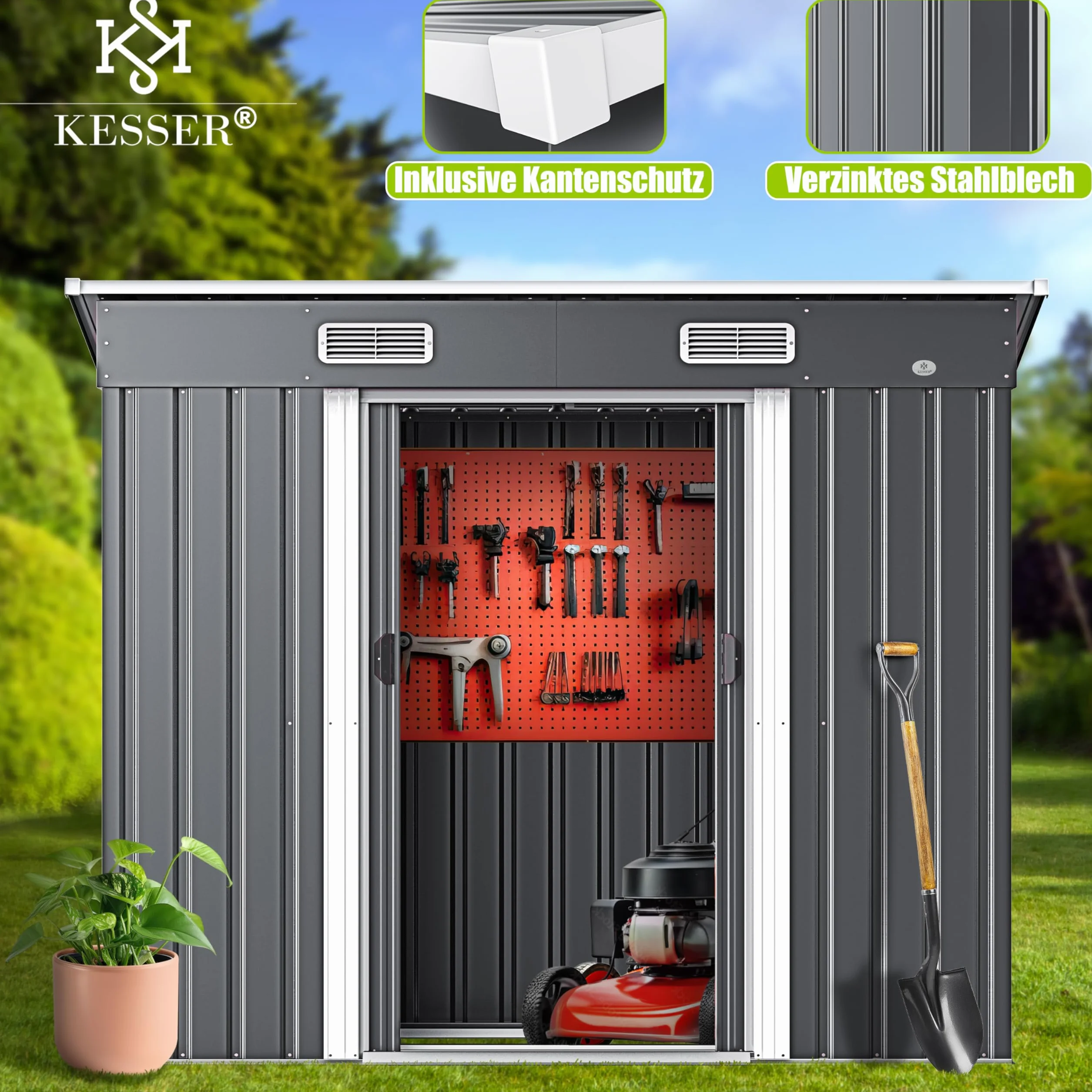 KESSER® - Domek na narzędzia L metalowy 4 m³ z fundamentem | 210 x 132 x 186 cm | 2 x drzwi przesuwne i fundament | szopa na narzędzia | szopa ogrodowa | szopa ogrodowa | dach jednospadowy szopa
