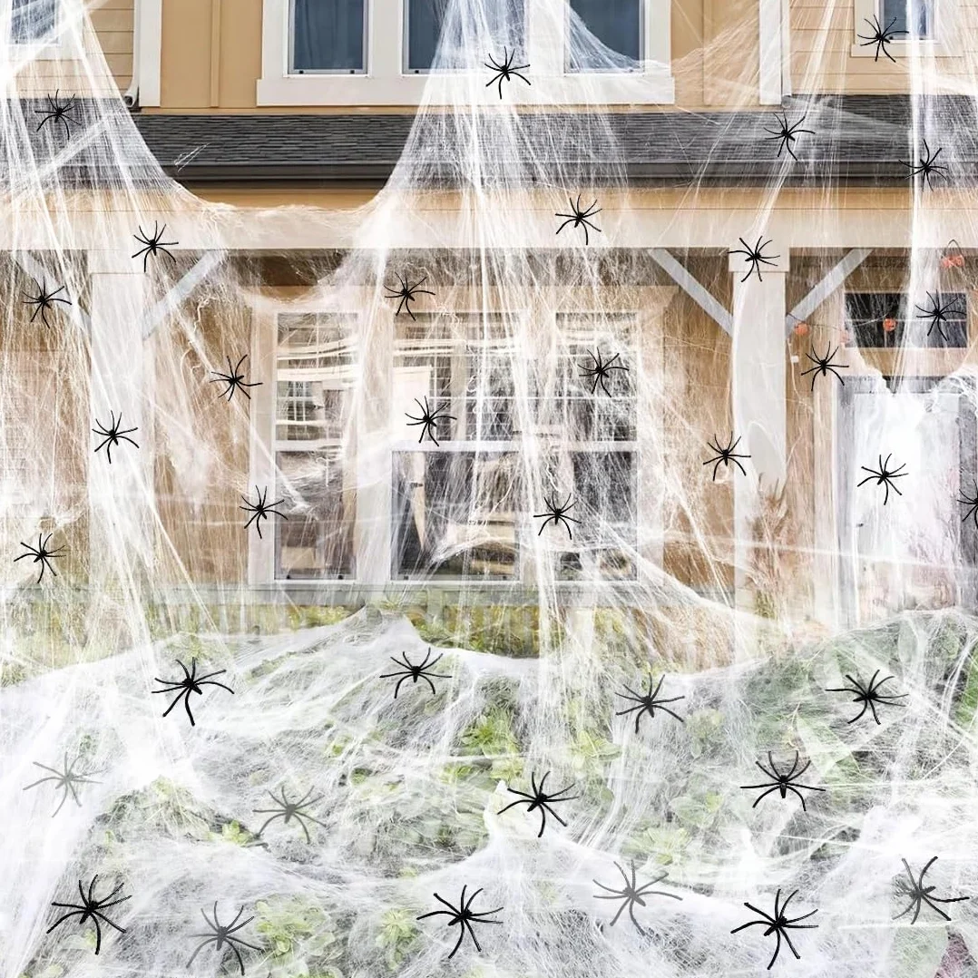 Augesak Dekoracja na Halloween, pajęczyna, 120 g, dekoracja na Halloween, do użytku na zewnątrz, z 50 czarnymi pająkami, realistyczna dekoracja na imprezę z horroru, dekoracja ogrodu