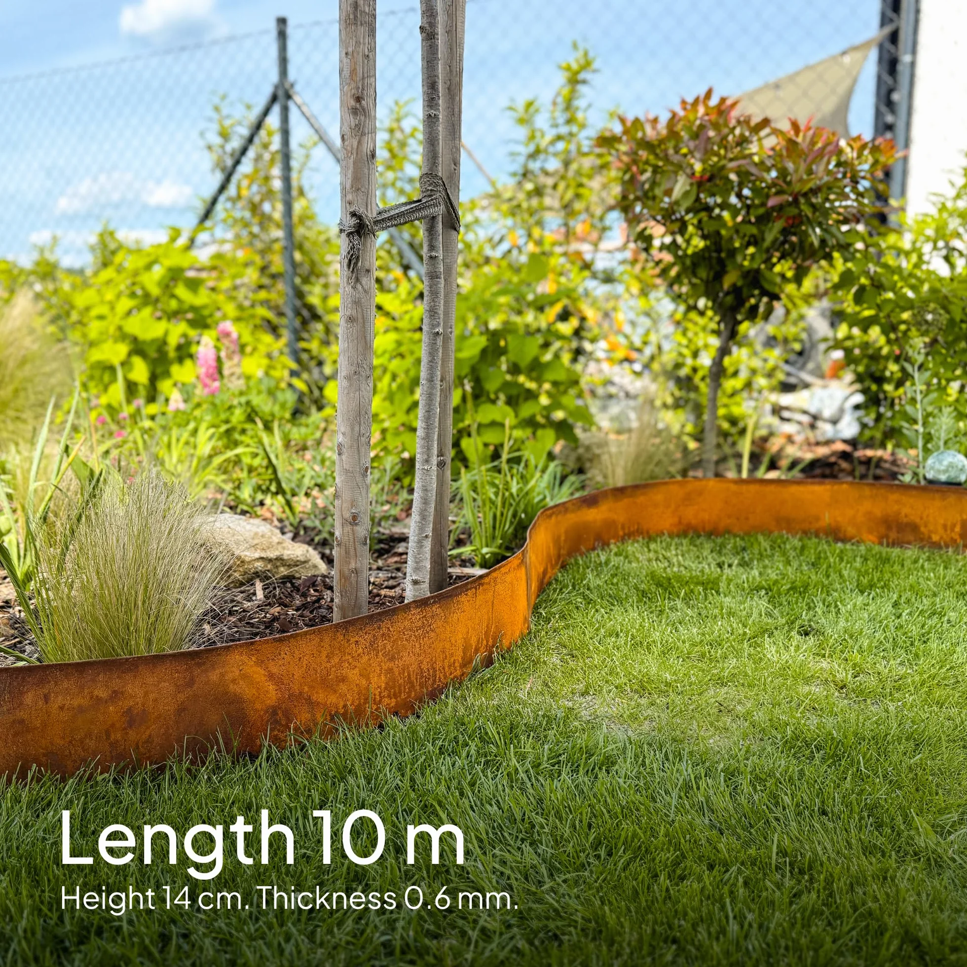 UNIGARDIA Corten stalowe obrzeże do trawnika, 10 m, metalowe obrzeże ogrodowe, wysokość 14 cm, łatwy montaż, wstępnie zardzewiałe obramowanie krawędzi ogrodu, w zestawie 1 para rękawic montażowych
