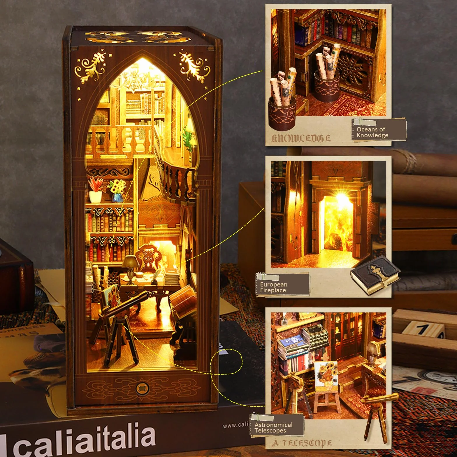 Zestaw DIY Book Nook dla lalek, podpórka do książek z oświetleniem LED, miniaturowy domek dla lalek, puzzle 3D drewniane podpórki do książek (biblioteka książek)